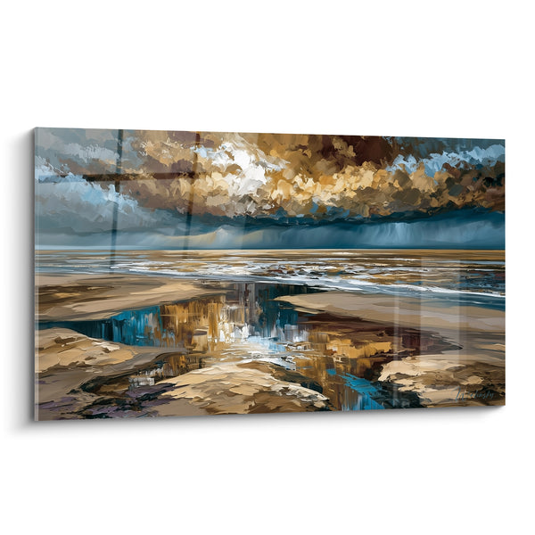 Tableau Plage dorée aux reflets bleu ardoise - Calme avant l'orage - Edition style Peinture abstrait