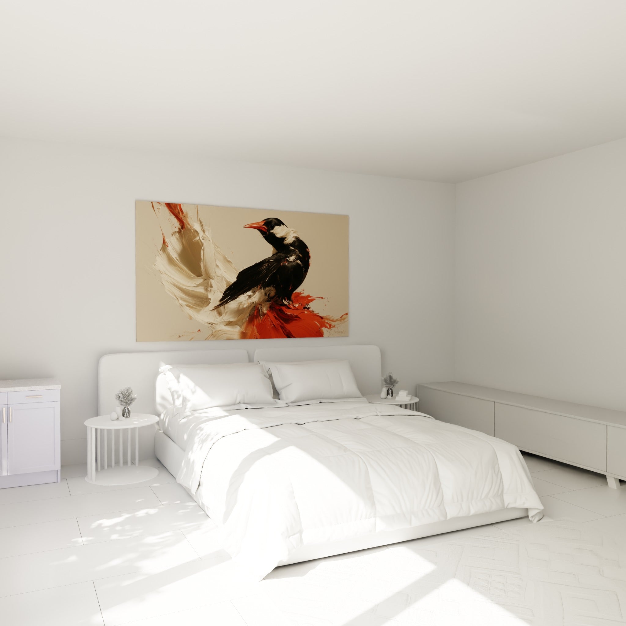 Plumage noir et orangé de l'oiseau au style Peinture abstrait, au-dessus d'un lit dans une chambre claire