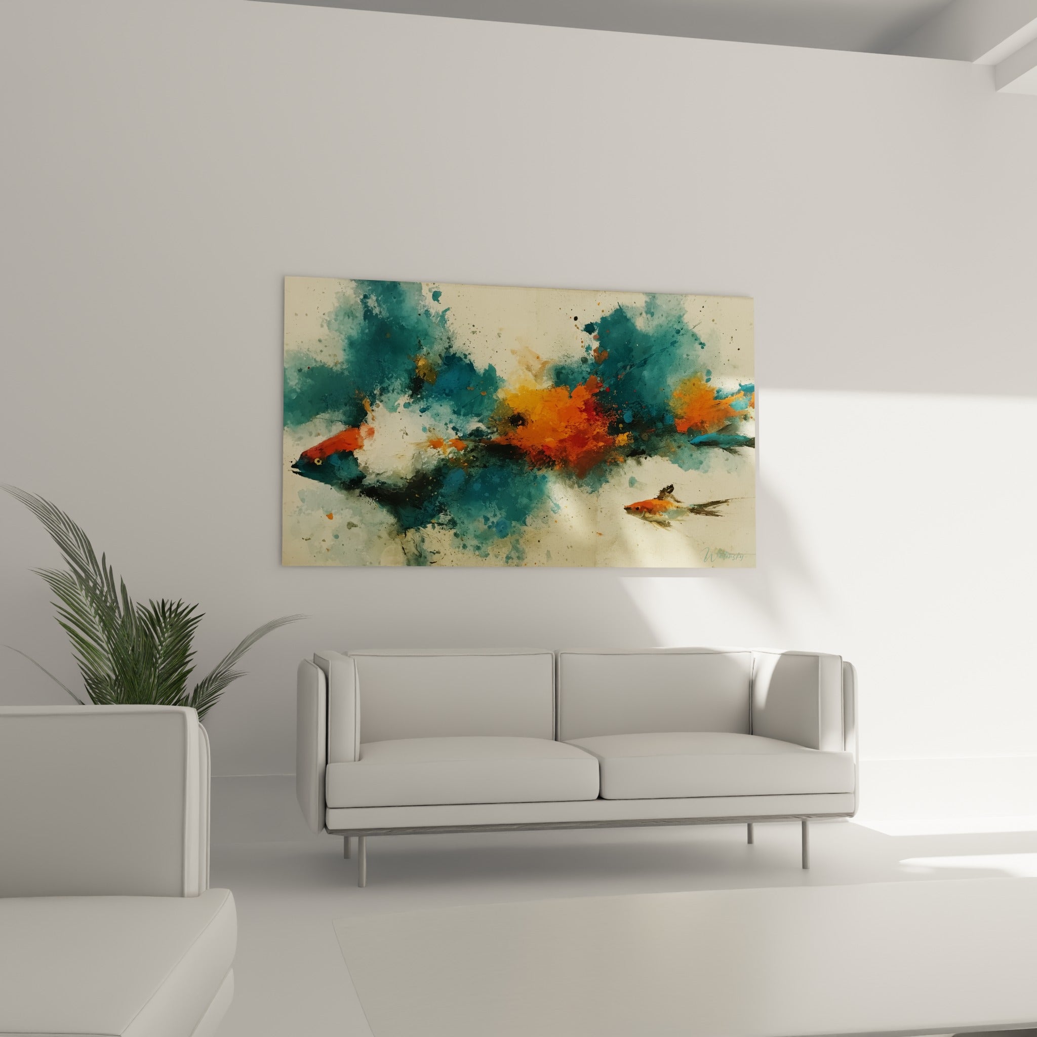 Silhouette de poisson aux teintes anthracite et orange vif, au-dessus d'un canapé dans un salon lumineux