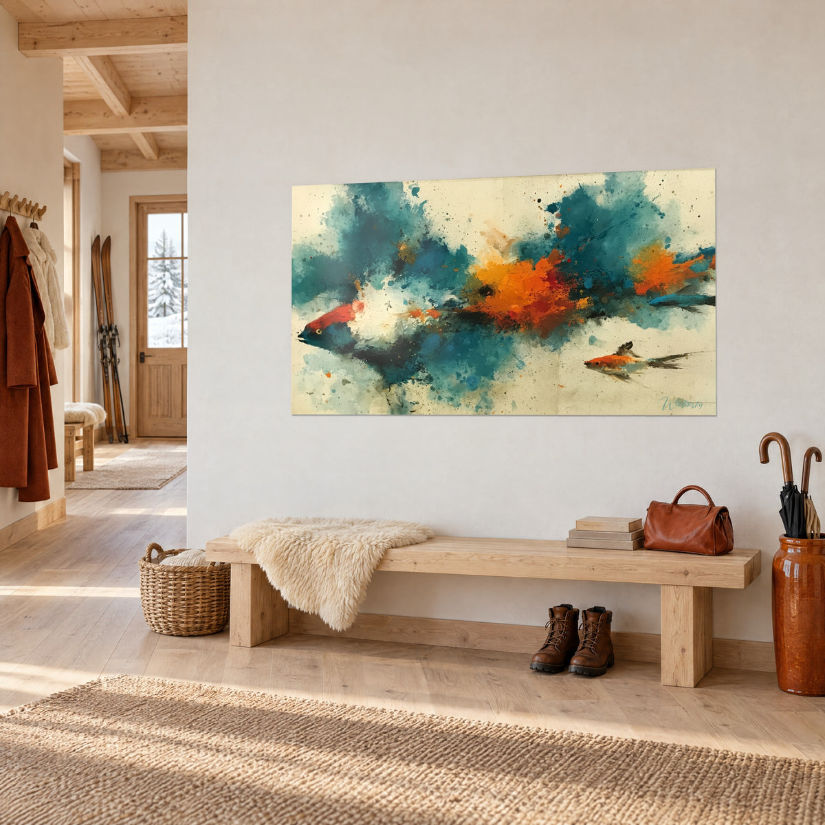 Schilderij karper met slanke vinnen op crèmekleurige achtergrond, turquoise en feloranje wolken, driekwartzicht in een lichte chalet