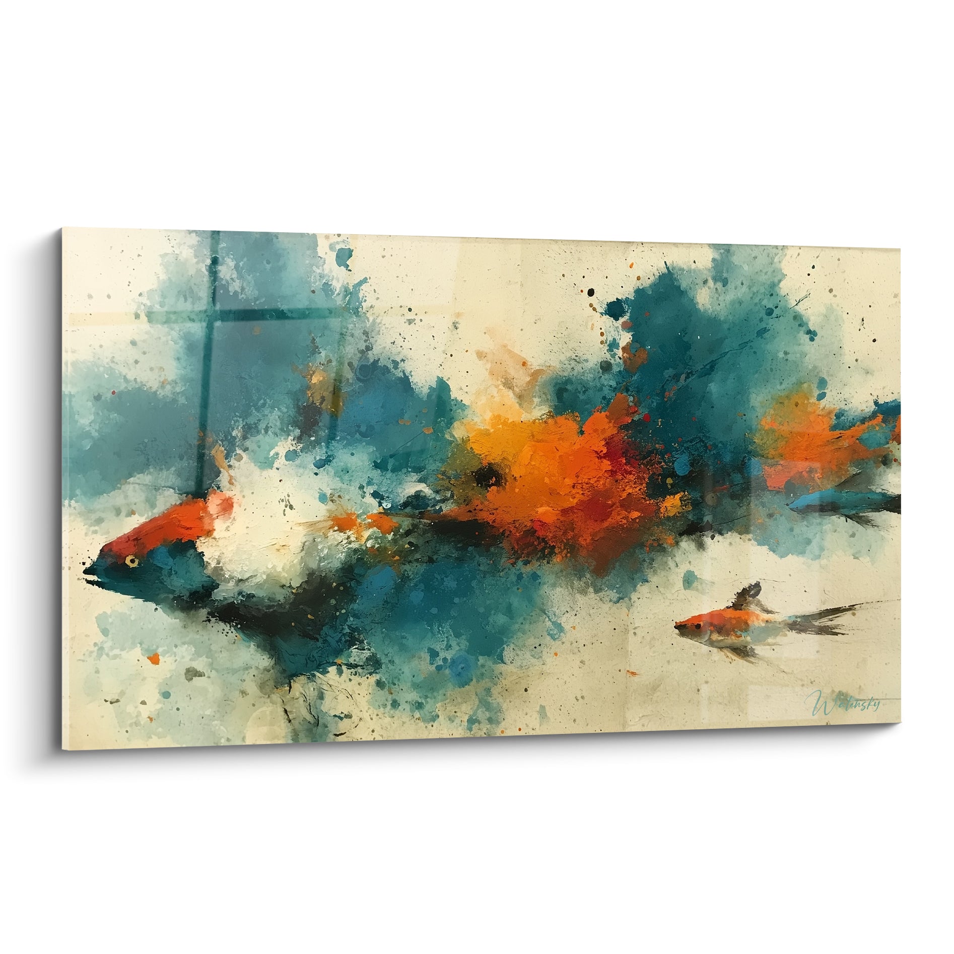 Poisson koï orange et bleu pétrole en éclaboussures sur fond crème, style peinture abstraite