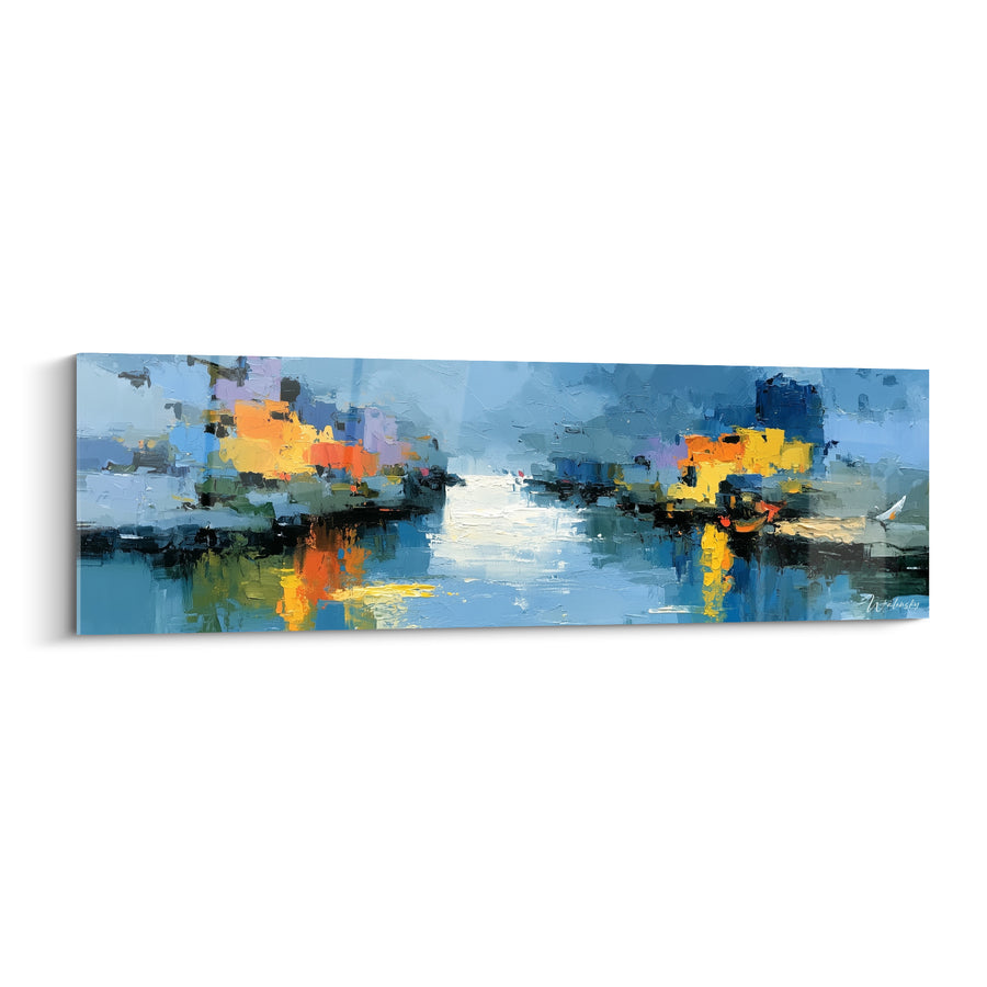 Tableau Port bleu et orangé aux reflets scintillants - Éveil du port - Edition style Peinture abstrait