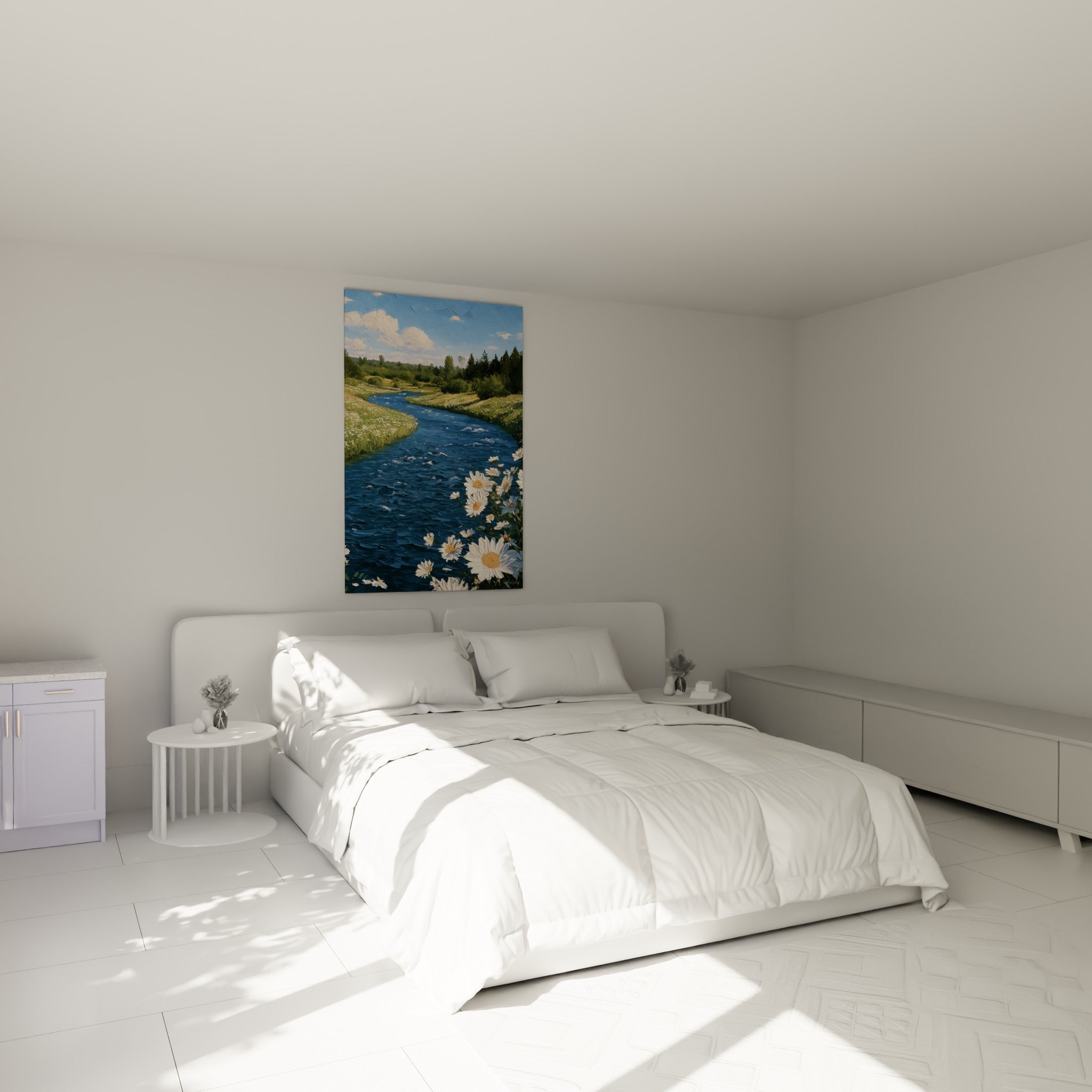 Rivière sinueuse aux marguerites blanches et prairie verte, au-dessus d'un lit dans une chambre claire