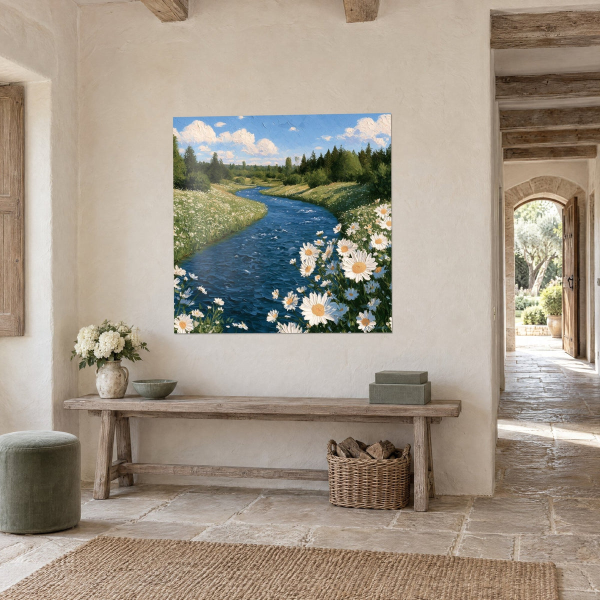 Wall art of a winding royal blue river lined with soft green banks, dark pines and azure sky, pale stone hallway