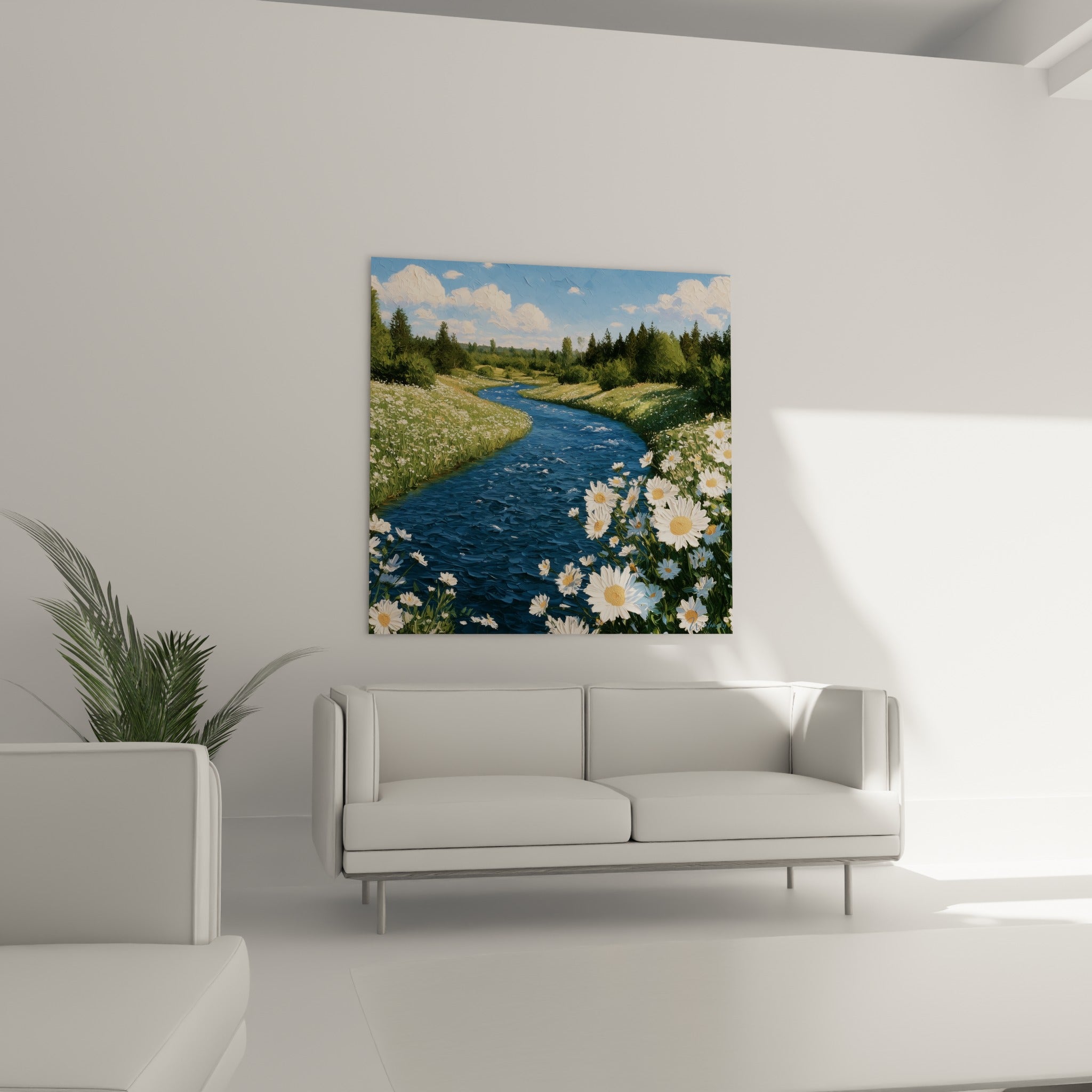 Prairie verte et cours d'eau bleu marine ponctué de fleurs blanches, au-dessus d'un canapé dans un salon lumineux