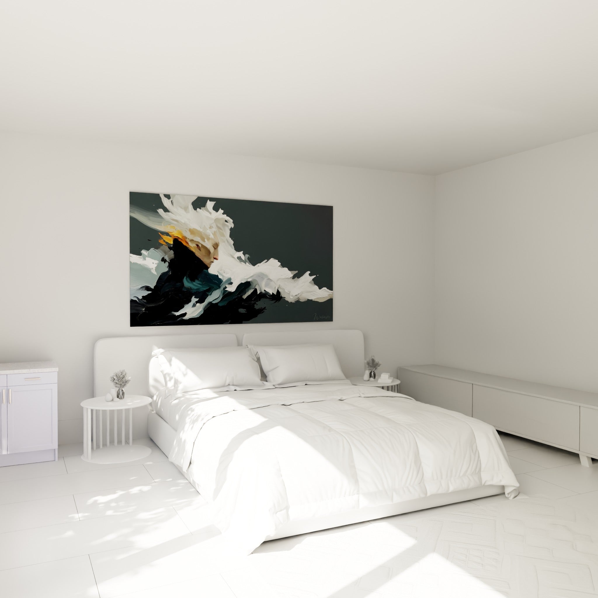 Profil doré et écume blanche du style Peinture abstrait, au-dessus d'un lit dans une chambre claire