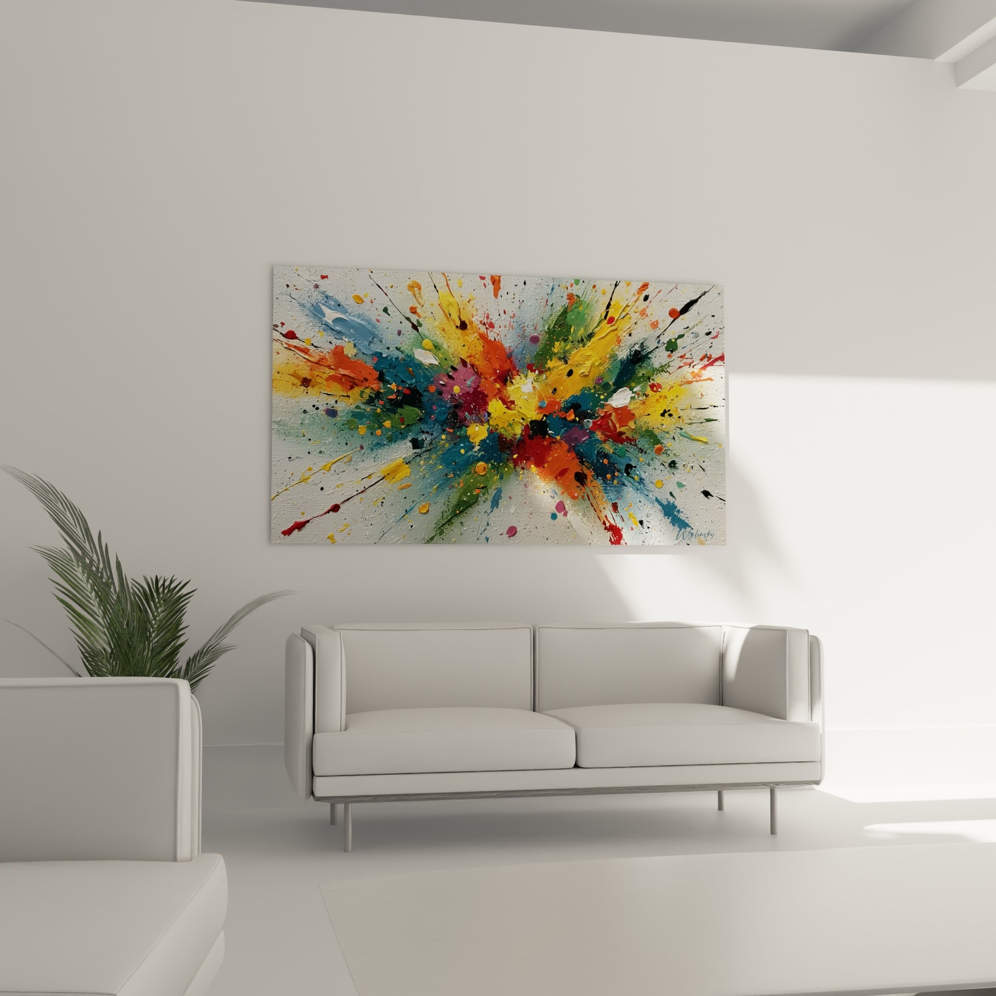 Projection colorée bleu pétrole et rouge du style Peinture abstrait au-dessus d'un canapé dans un salon lumineux