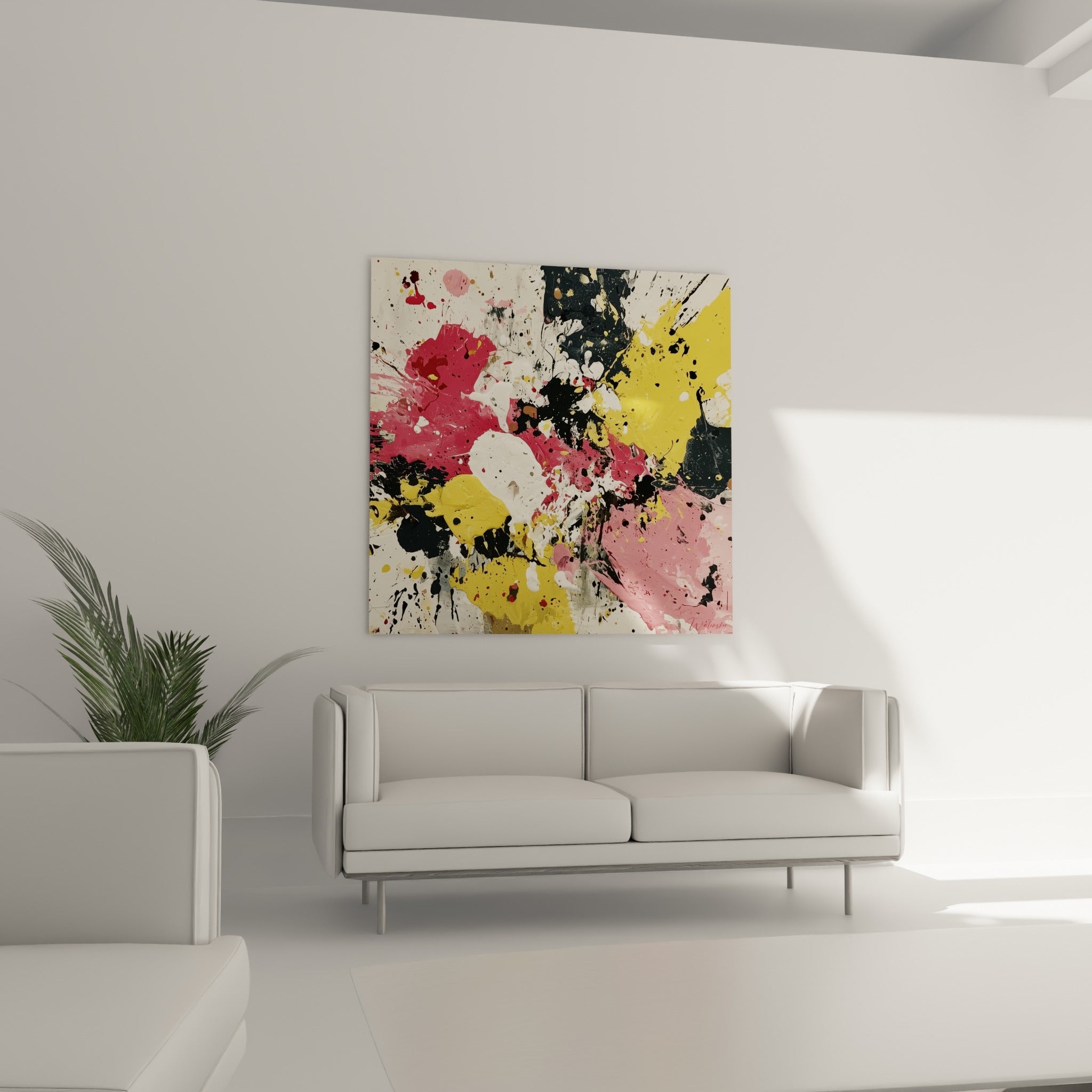 Projections jaunes moutarde et roses en style Peinture abstrait au-dessus d'un canapé dans un salon lumineux