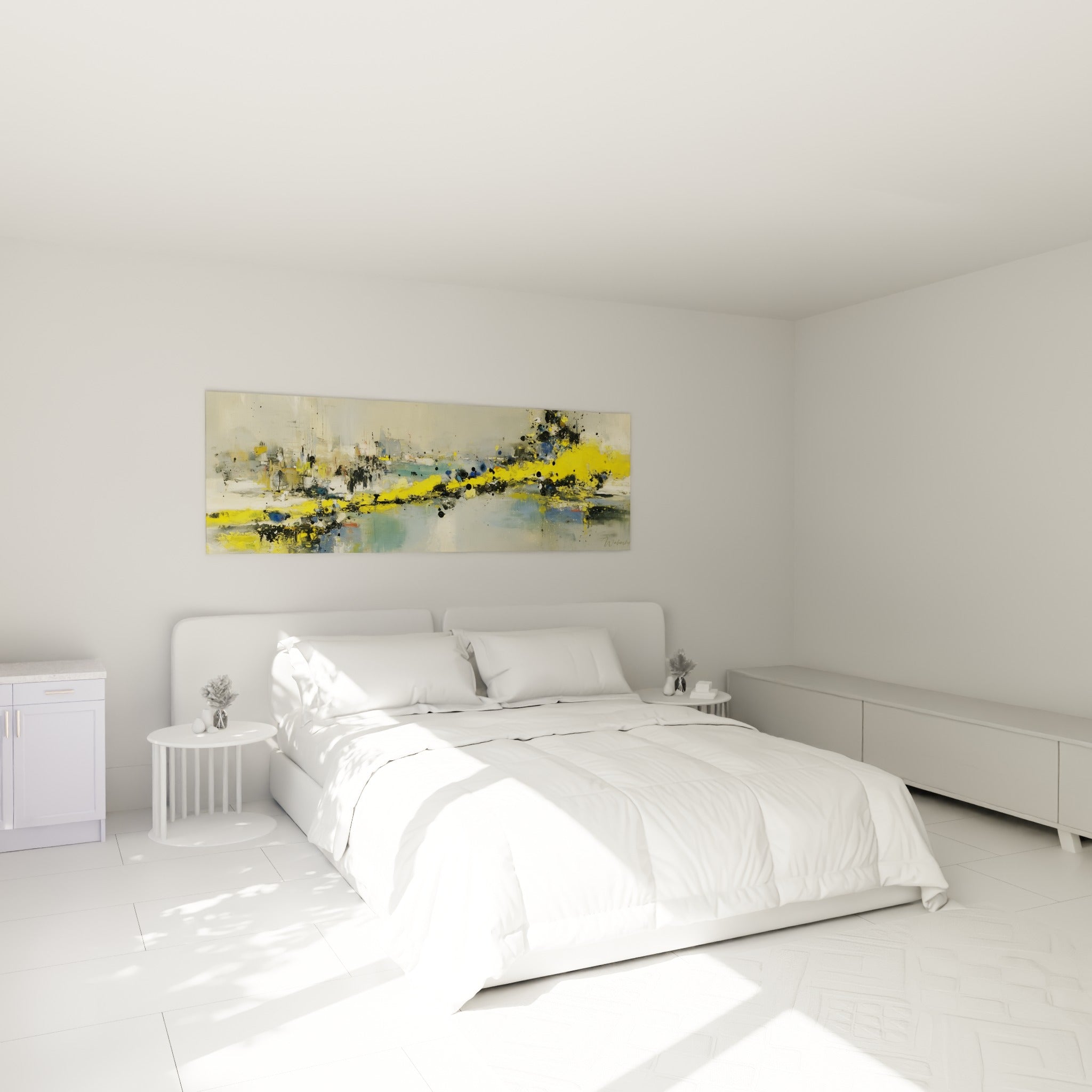 Composition portuaire jaune vif et bleu pastel, style Peinture abstrait au-dessus d'un lit dans une chambre claire