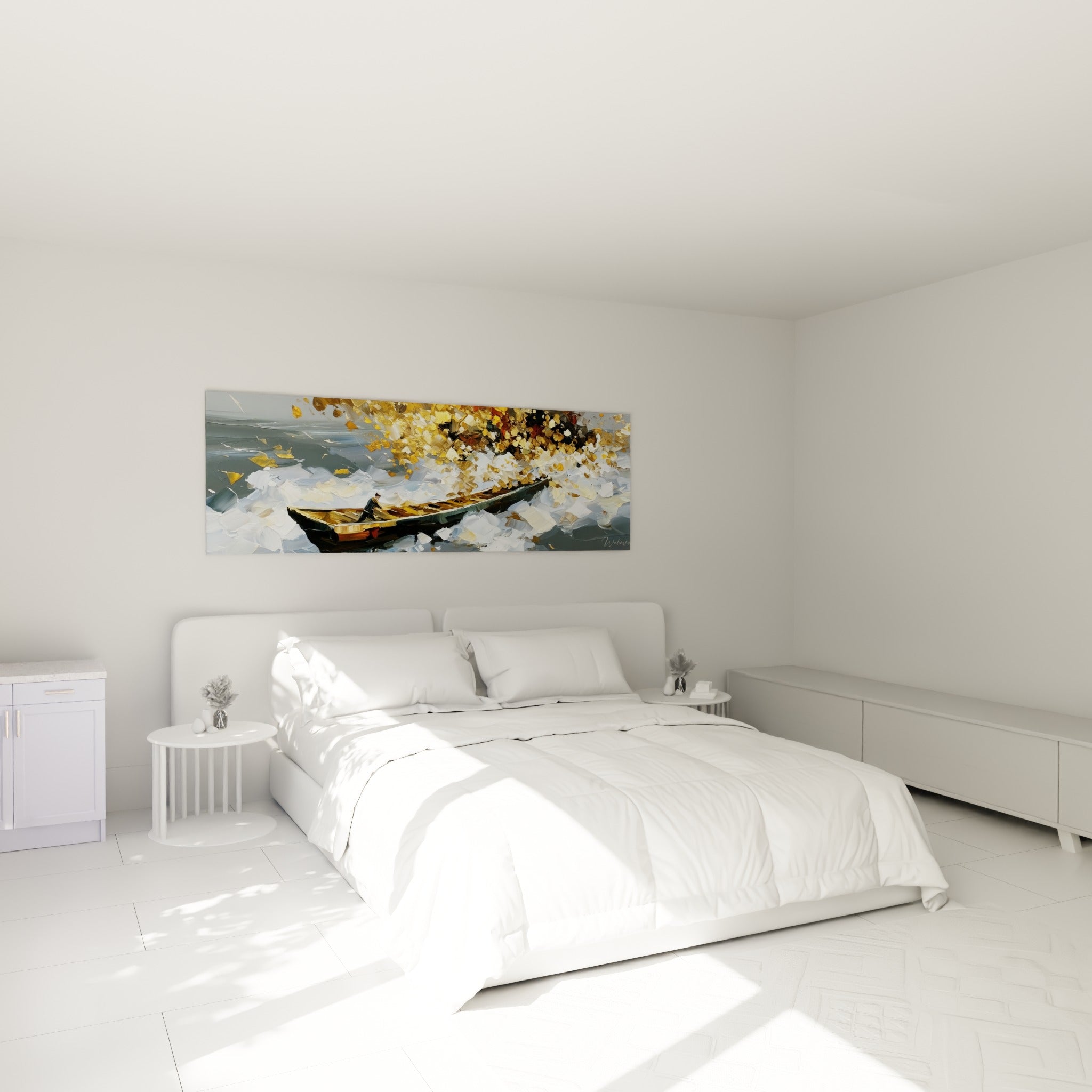 Rameur solitaire entre tons dorés et gris agités, accroché au-dessus d'un lit dans une chambre claire