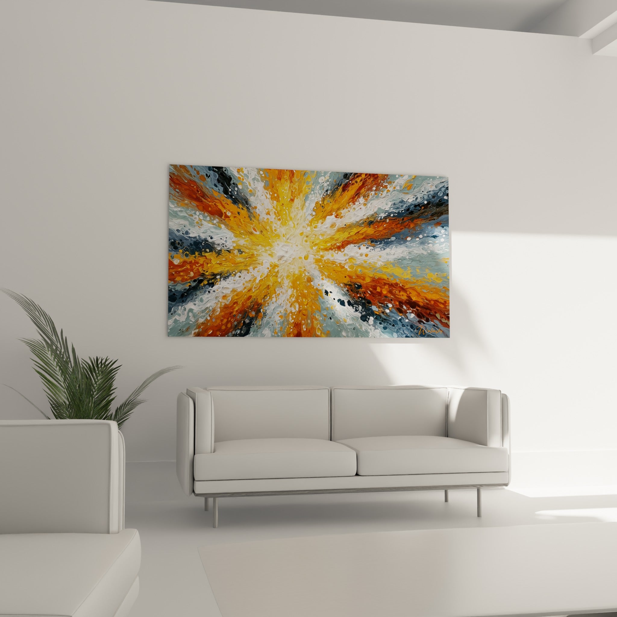 Rayons dorés et bleu ardoise se propageant depuis un cœur lumineux, au-dessus d'un canapé dans un salon lumineux