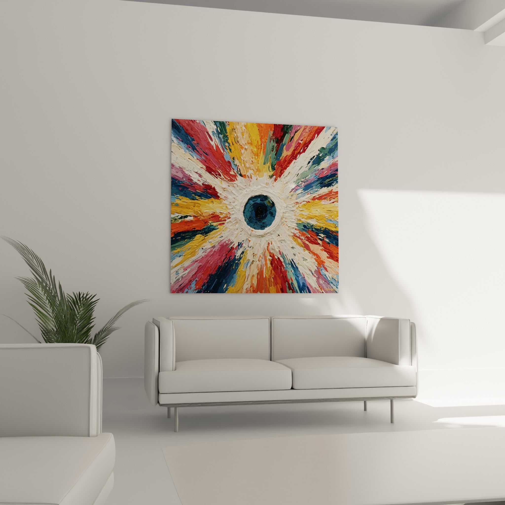 Éclat radial rouge et vert sauge autour d'un puits bleu profond, au-dessus d'un canapé dans un salon lumineux