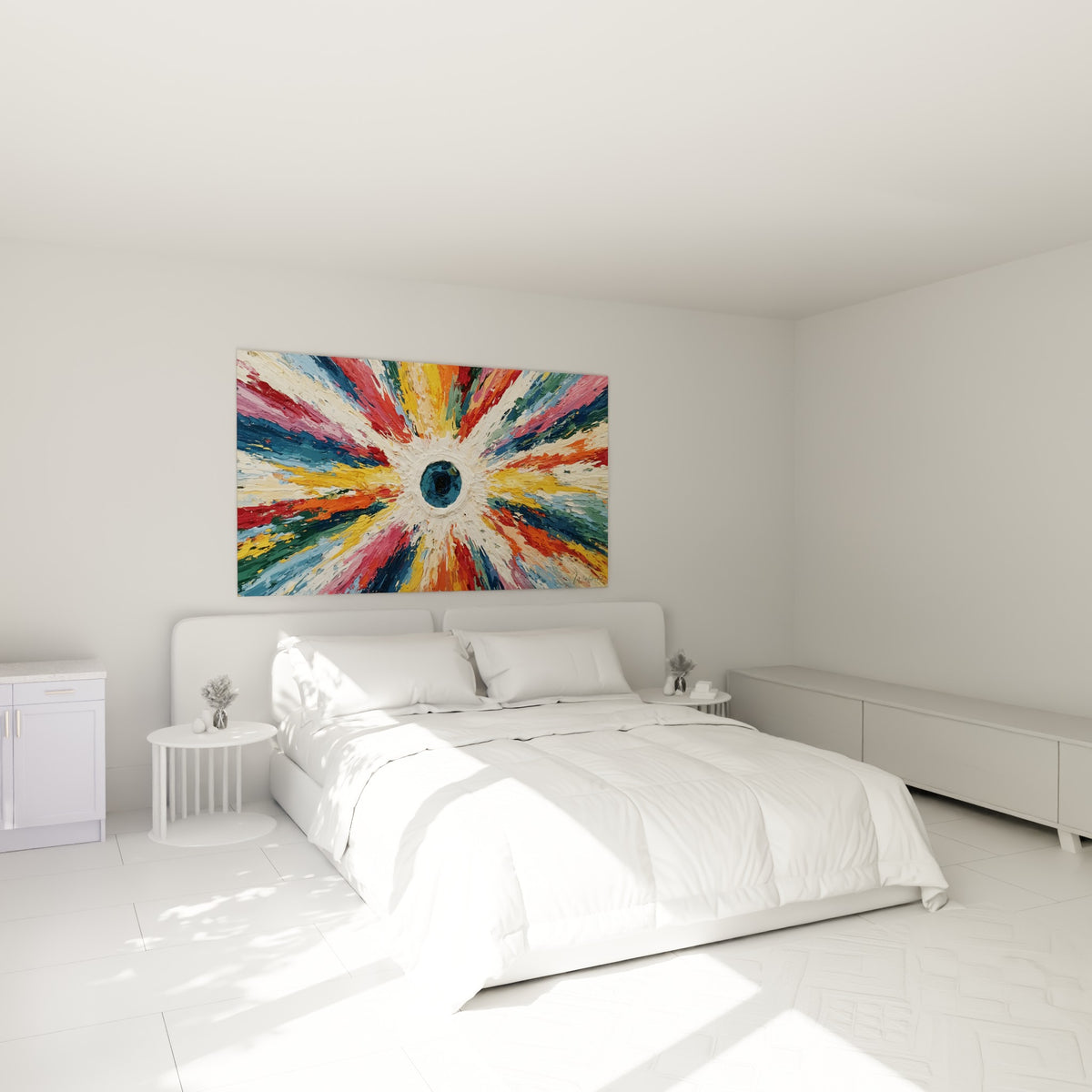 Rayons ocre et bleu marine du style Peinture abstrait au-dessus d'un lit dans une chambre claire