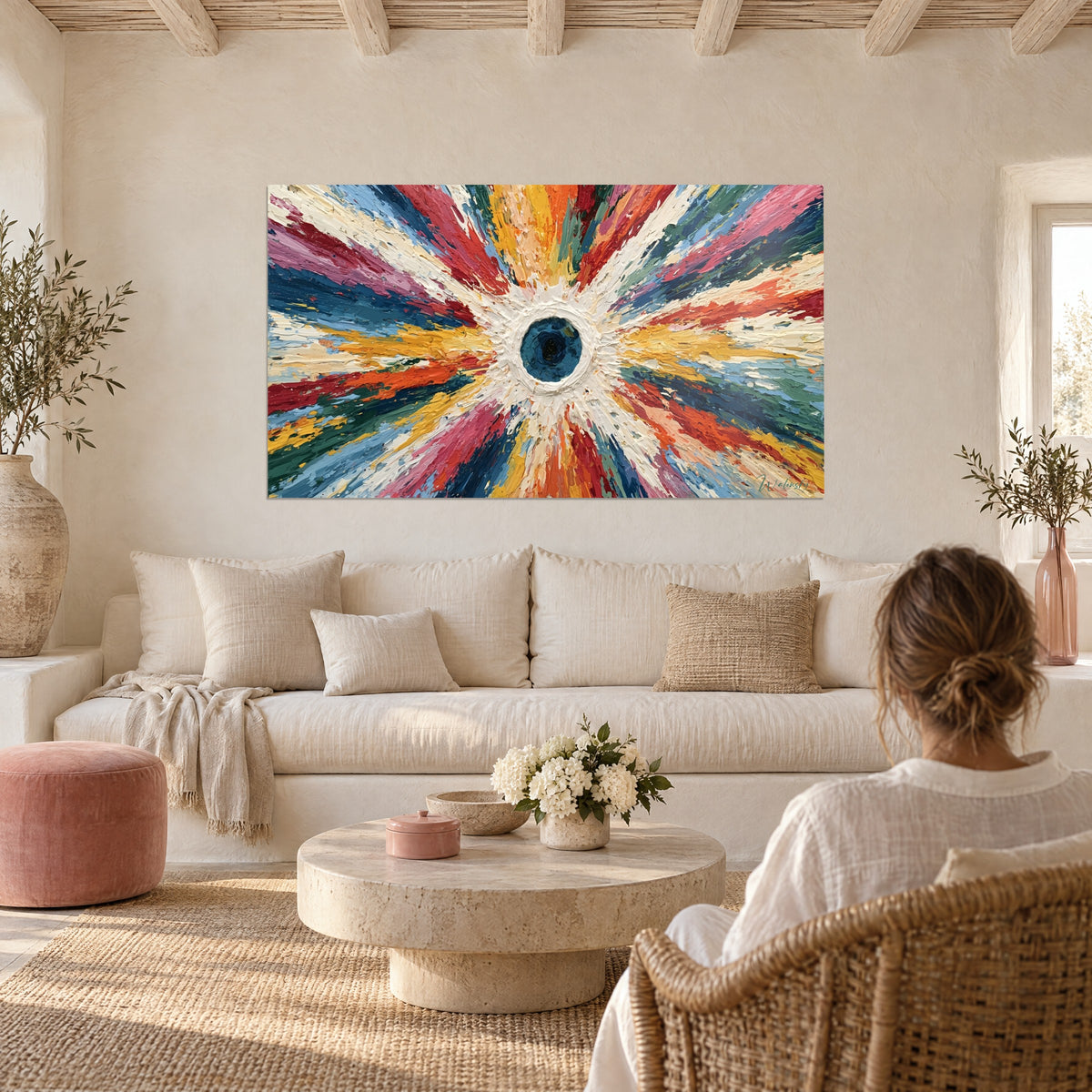 Tableau explosion de rayons rouges, jaunes et bleus autour d'une pupille marine, une femme de dos, au-dessus d'un canapé dans un salon lumineux