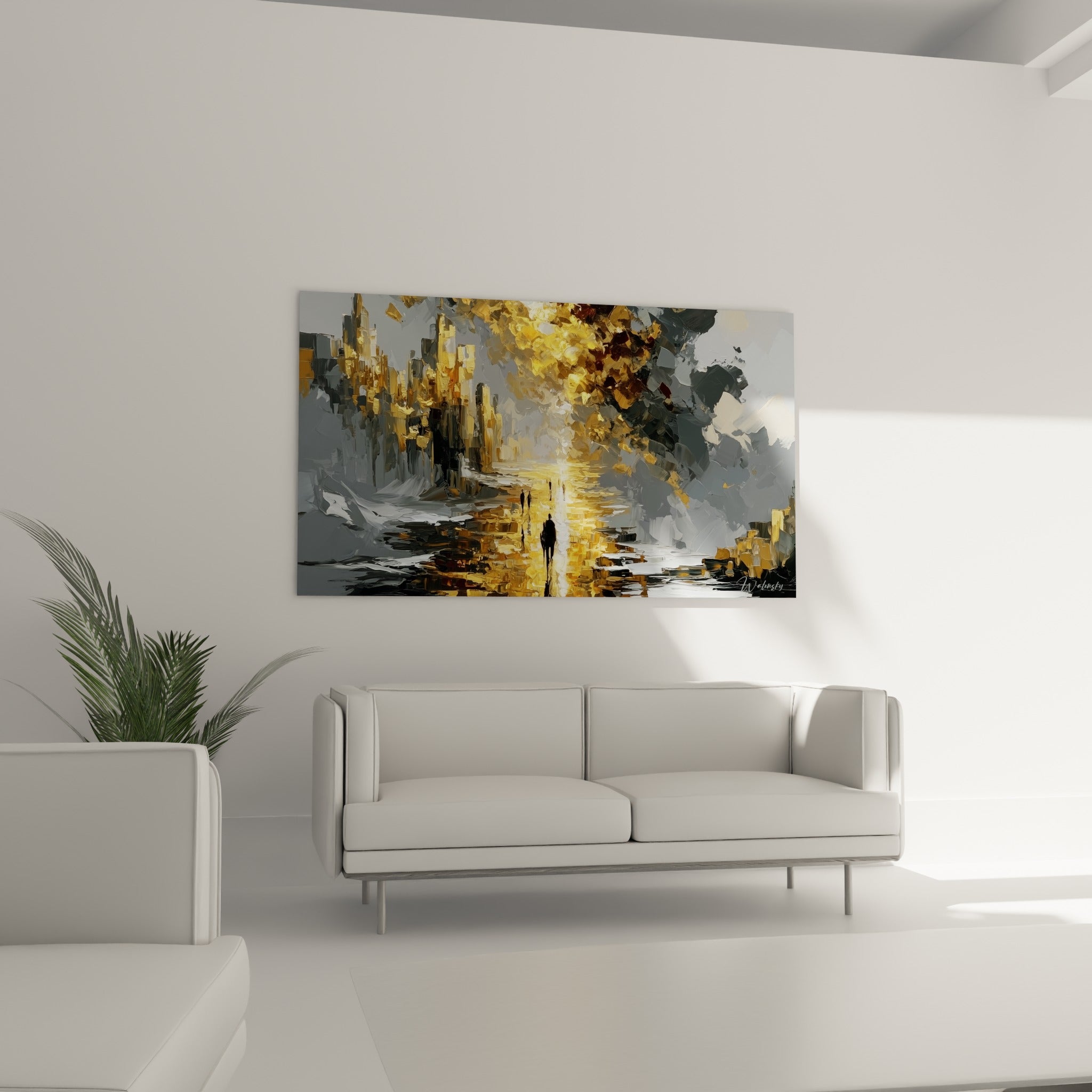 Avenue dorée et silhouettes sombres, tableau style peinture abstrait au-dessus d'un canapé dans un salon lumineux