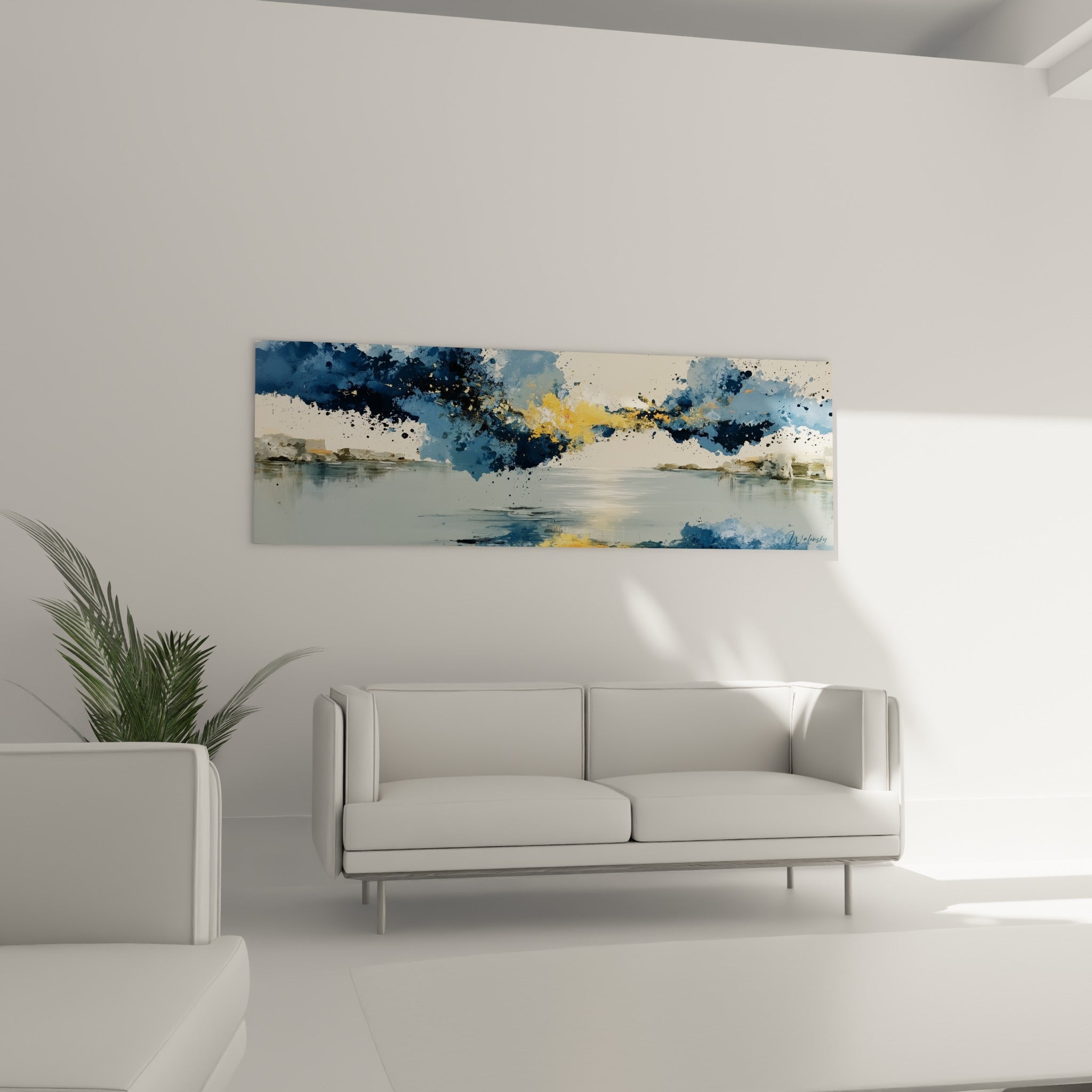 Reflets ocre et bleu ardoise de cette peinture abstraite, au-dessus d'un canapé dans un salon lumineux