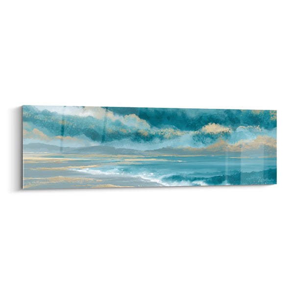 Tableau Rivage bleu sarcelle aux reflets dorés - Tempête apaisée - Edition style Peinture abstrait