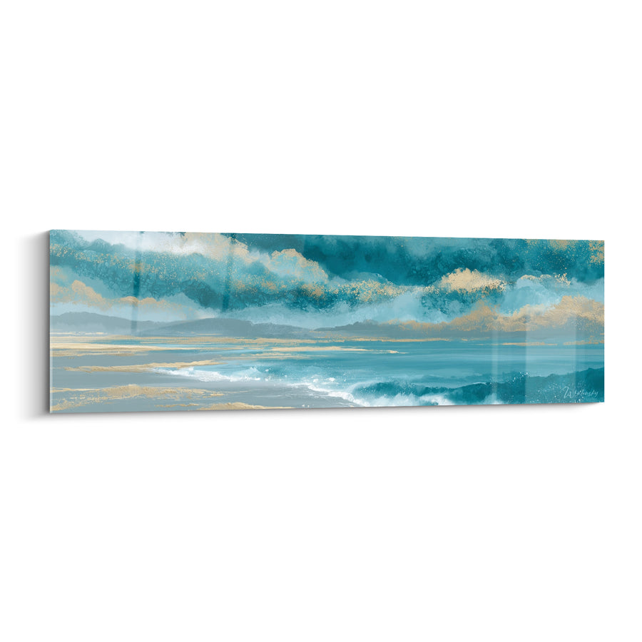 Tableau Rivage bleu sarcelle aux reflets dorés - Tempête apaisée - Edition style Peinture abstrait