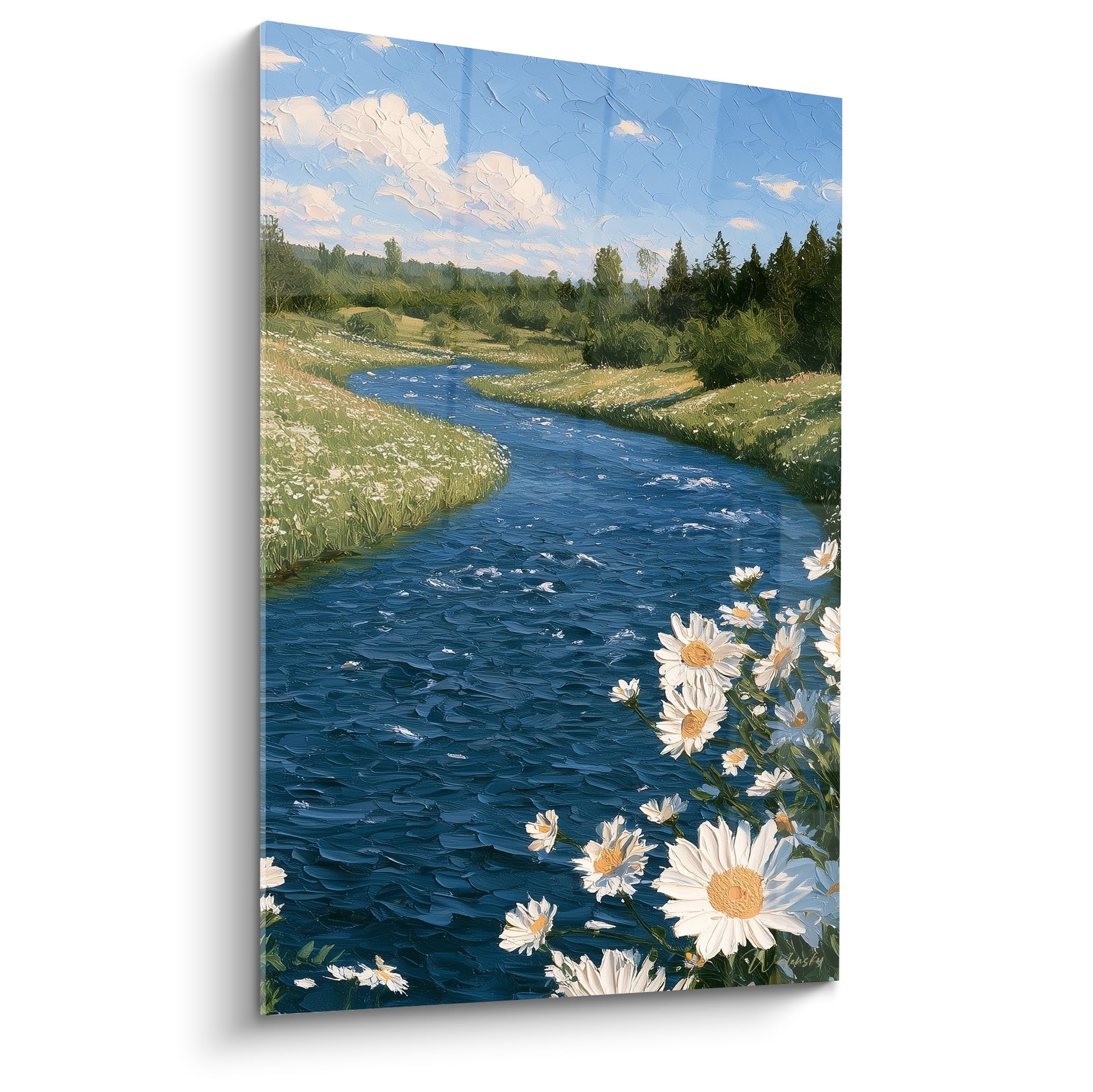Rivière bleu marine bordée de marguerites blanches, style peinture abstrait, empâtements texturés