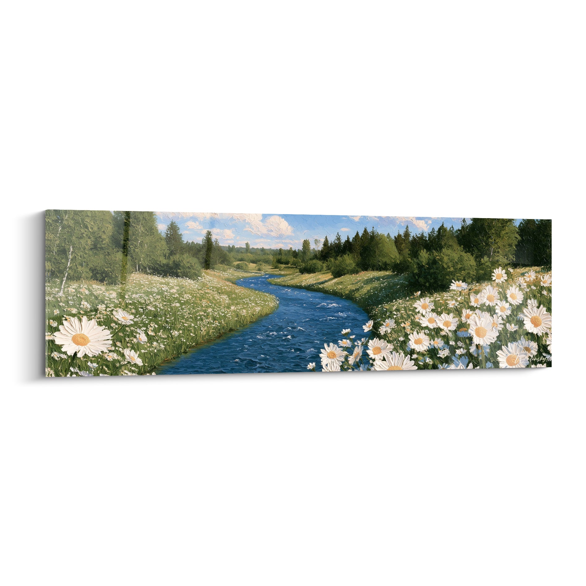 Rivière bleu marine serpentant entre marguerites blanches, style Peinture abstrait aux touches épaisses et lumineuses