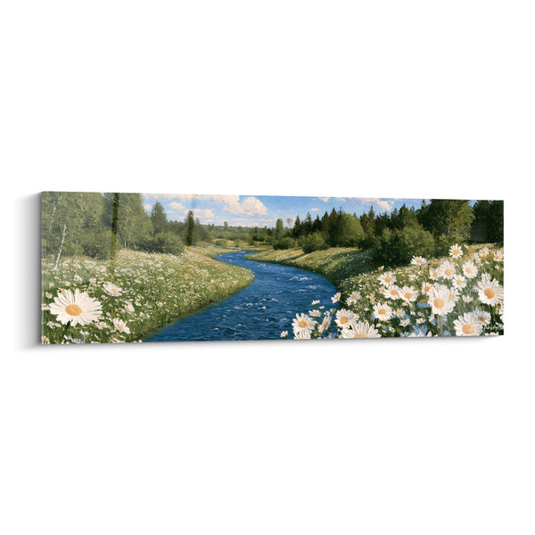 Tableau Rivière bleue entre marguerites blanches - Sérénité champêtre - Edition style Peinture abstrait