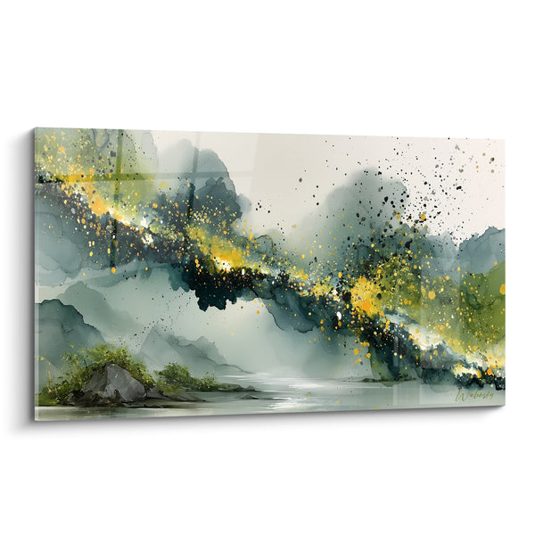 Tableau Rivière brumeuse aux éclats dorés - Éveil des montagnes - Edition style Peinture abstrait