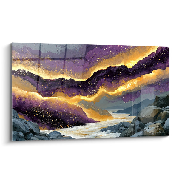Tableau Rivière dorée entre bandes violettes et grises - Torrent céleste - Edition style Peinture abstrait