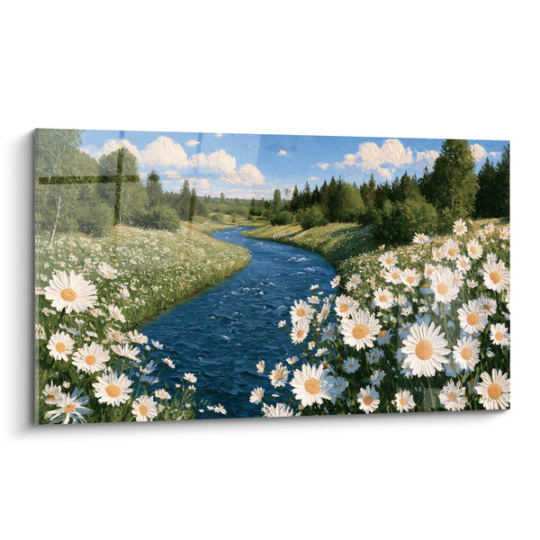 Tableau Rivière bleue aux marguerites blanches - Bord de rivière fleuri - Edition style Peinture abstrait