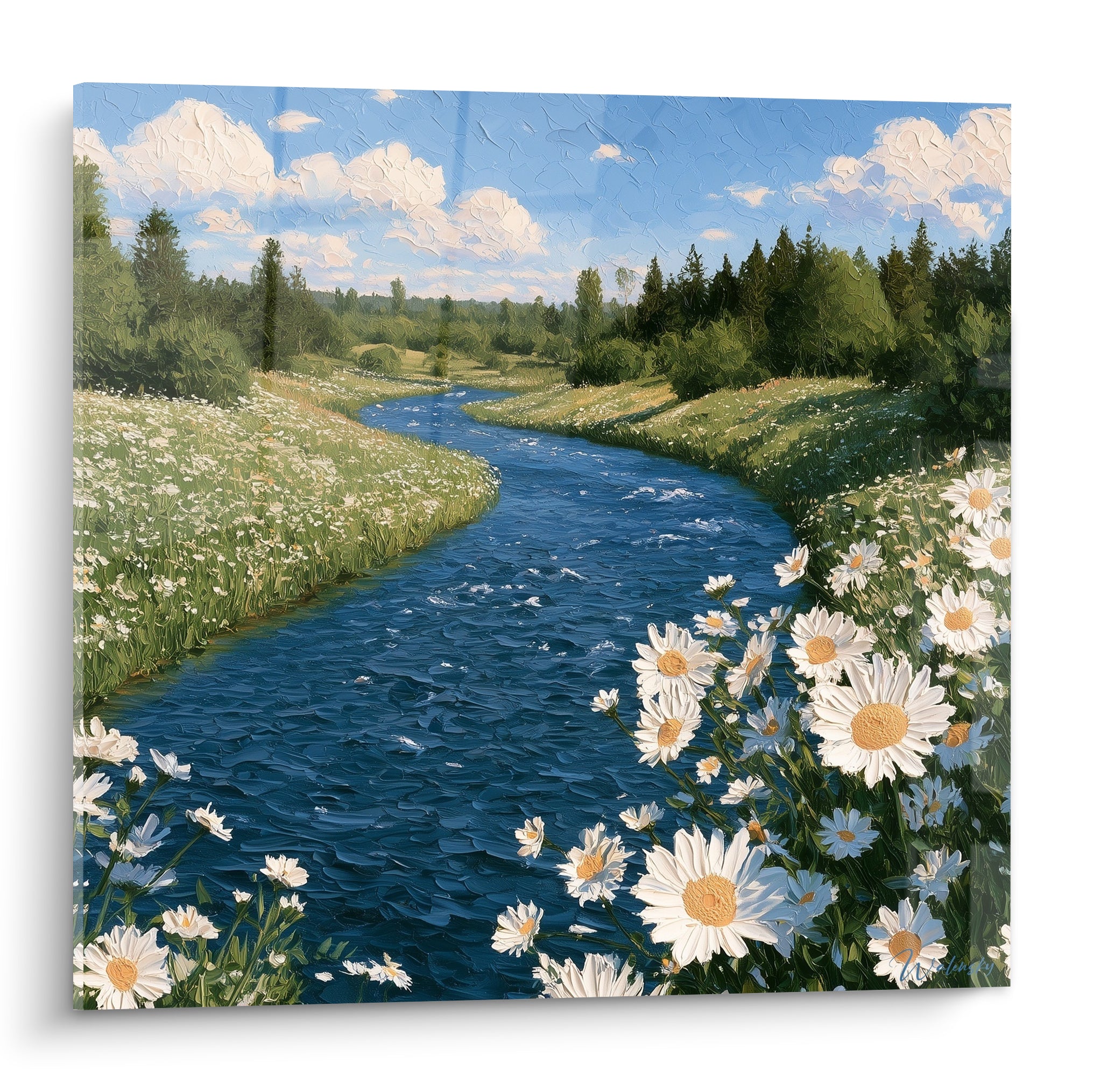 Rivière bleu marine sinueuse entourée de marguerites blanches, style peinture abstrait aux touches épaisses