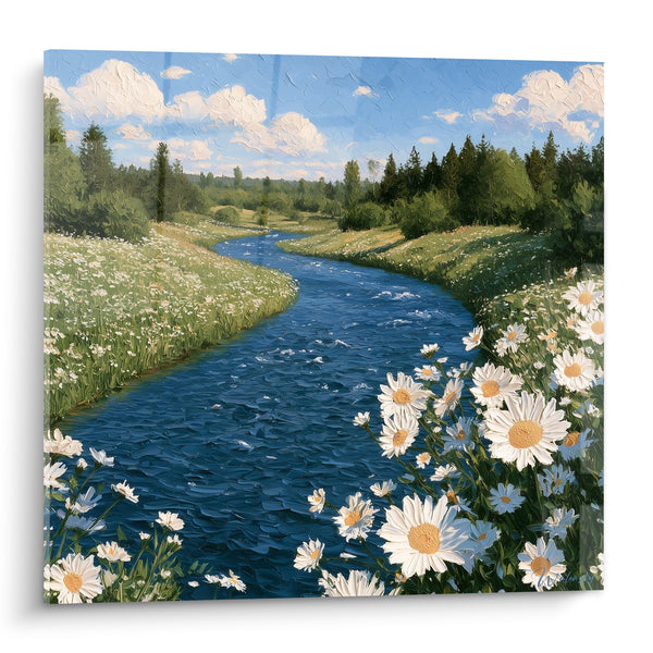 Tableau Rivière bleue et marguerites blanches sinueuse - Flânerie estivale - Edition style Peinture abstrait