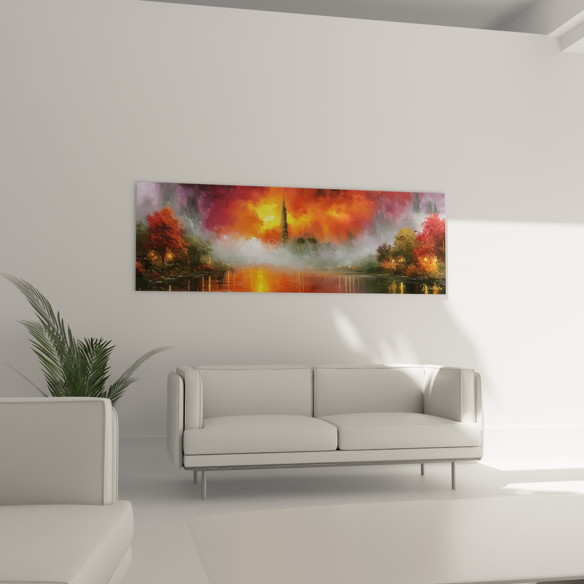 Clocher illuminé se détachant sur un ciel pourpre et flamboyant, style Peinture abstrait au-dessus d'un canapé dans un salon lumineux