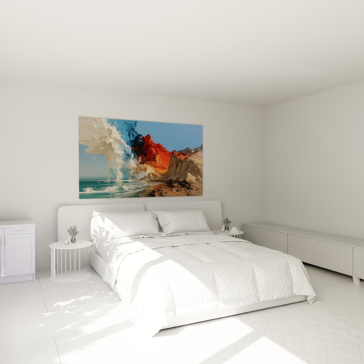 Roche ocre et écume blanche en style Peinture abstrait au-dessus d'un lit dans une chambre claire