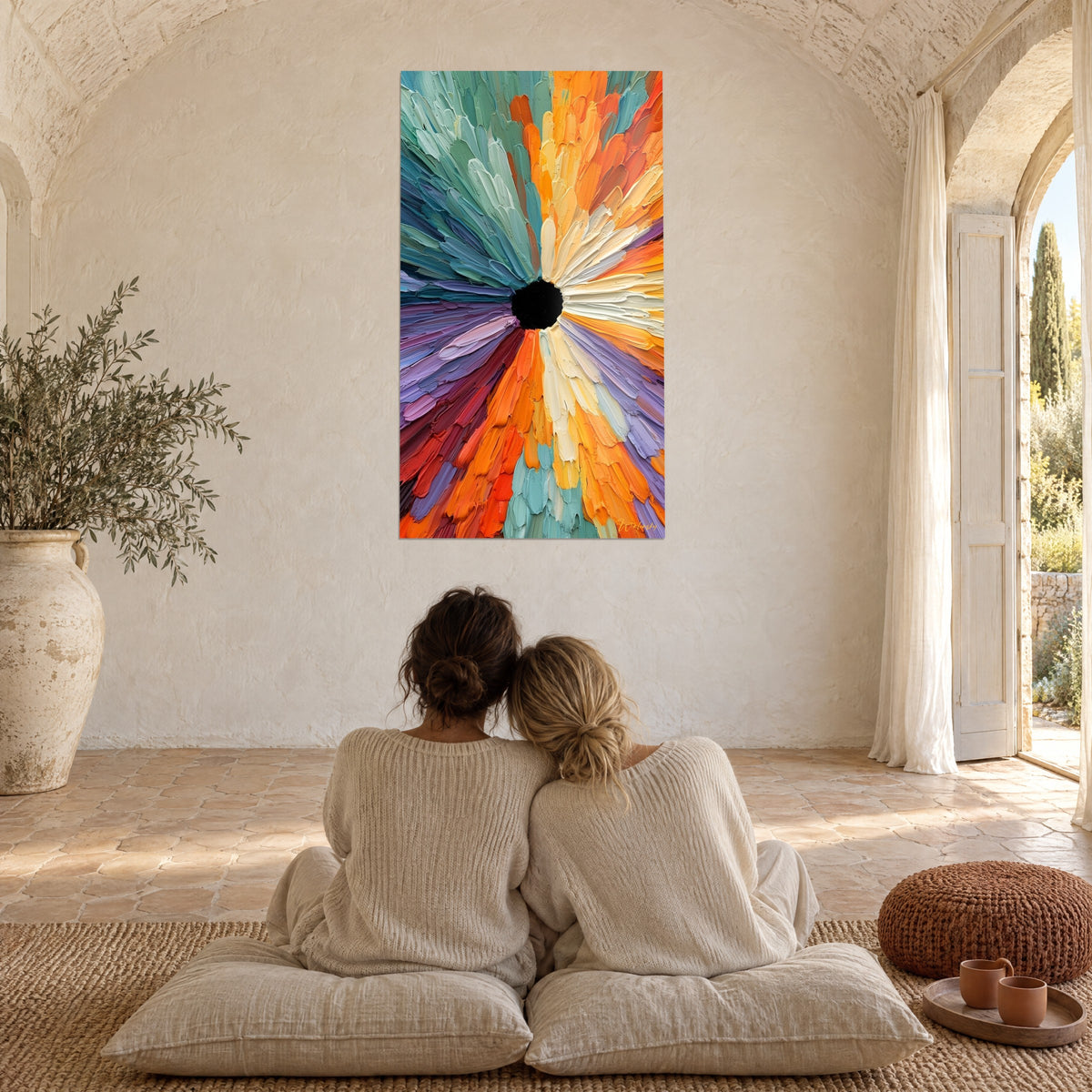 Schilderij mandala in olieverf geschilderd, oranje, petrolkleurige en lila stralen, twee vrouwen van achteren zittend op kussens in een Provençaalse woonkamer