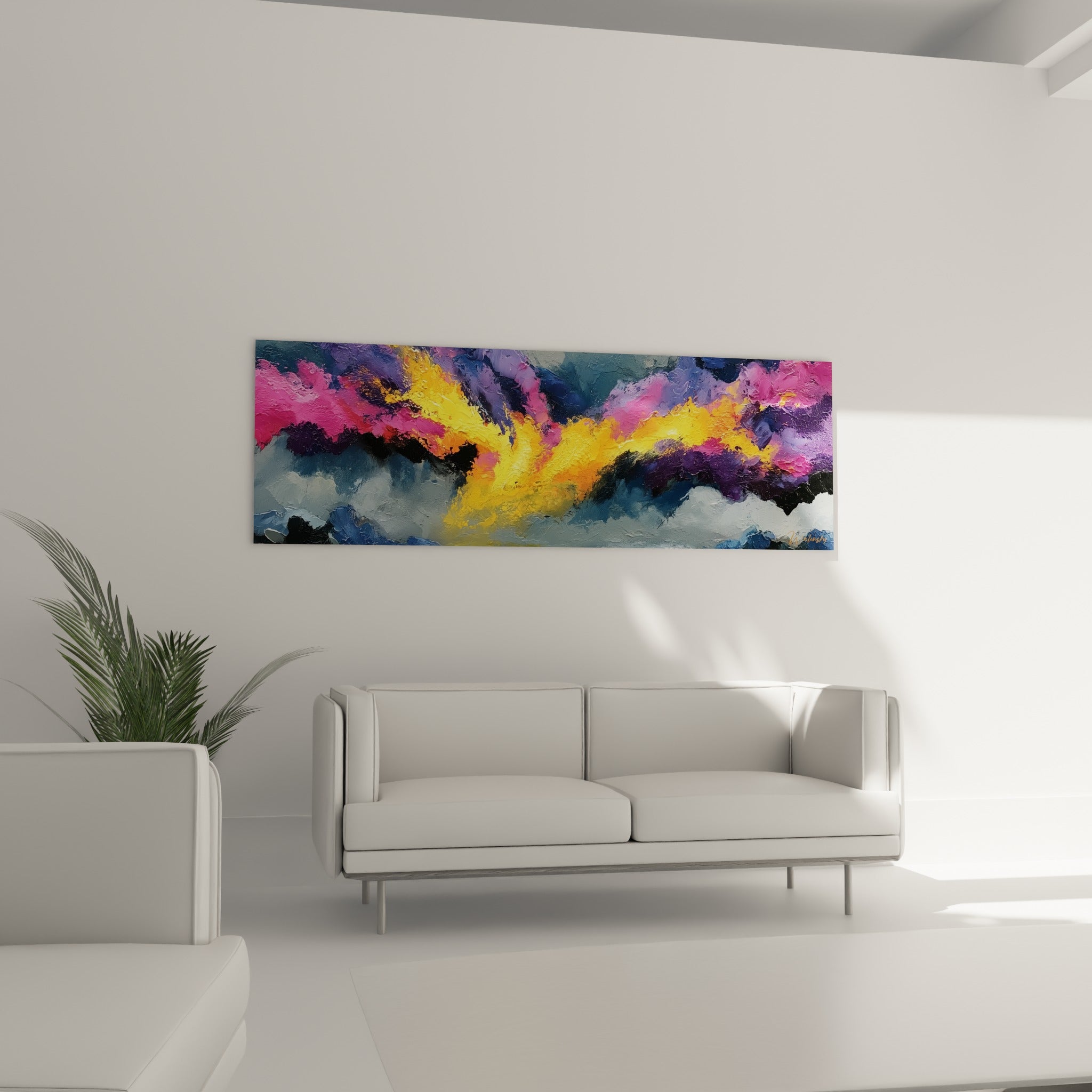 Explosion orangée entre masses roses et anthracite, tableau style Peinture abstrait au-dessus d'un canapé dans un salon lumineux