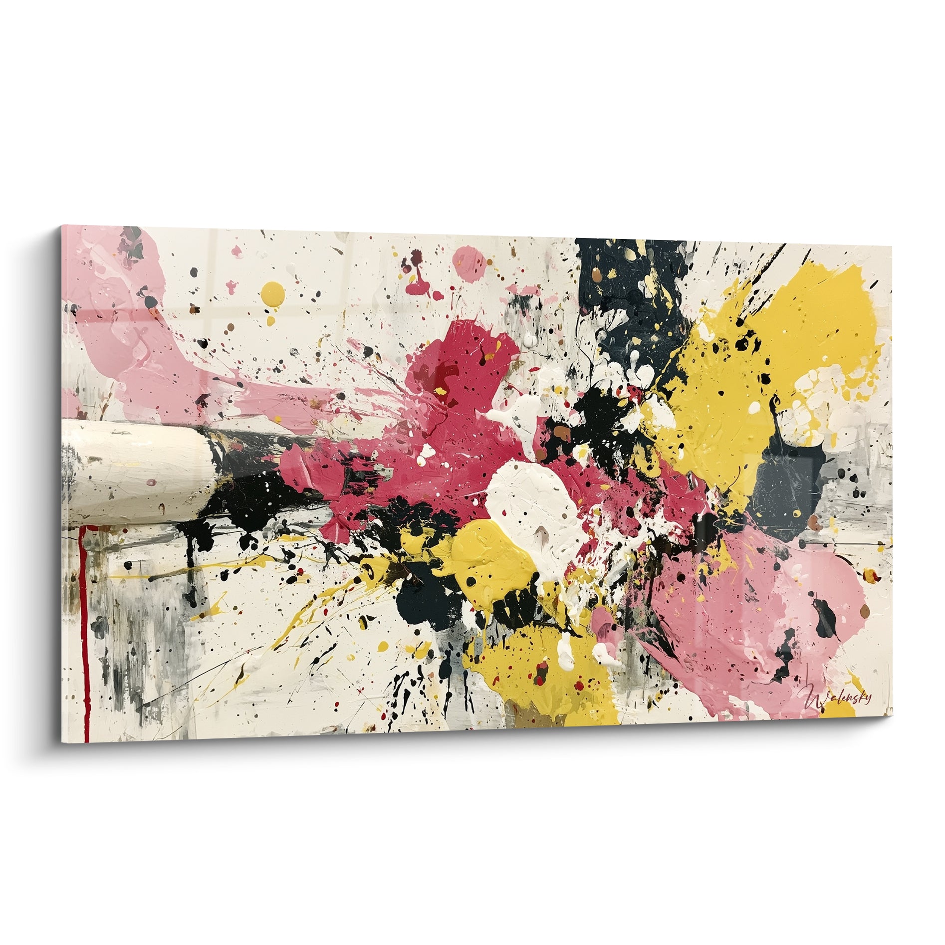 Éclaboussures rose fauve et jaune moutarde sur fond blanc cassé, style Peinture abstrait au geste vif