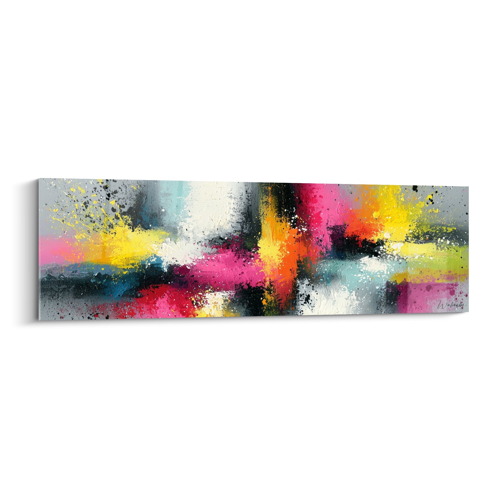 Tableau abstrait rose fuchsia et jaune aux éclaboussures noires sur fond gris texturé