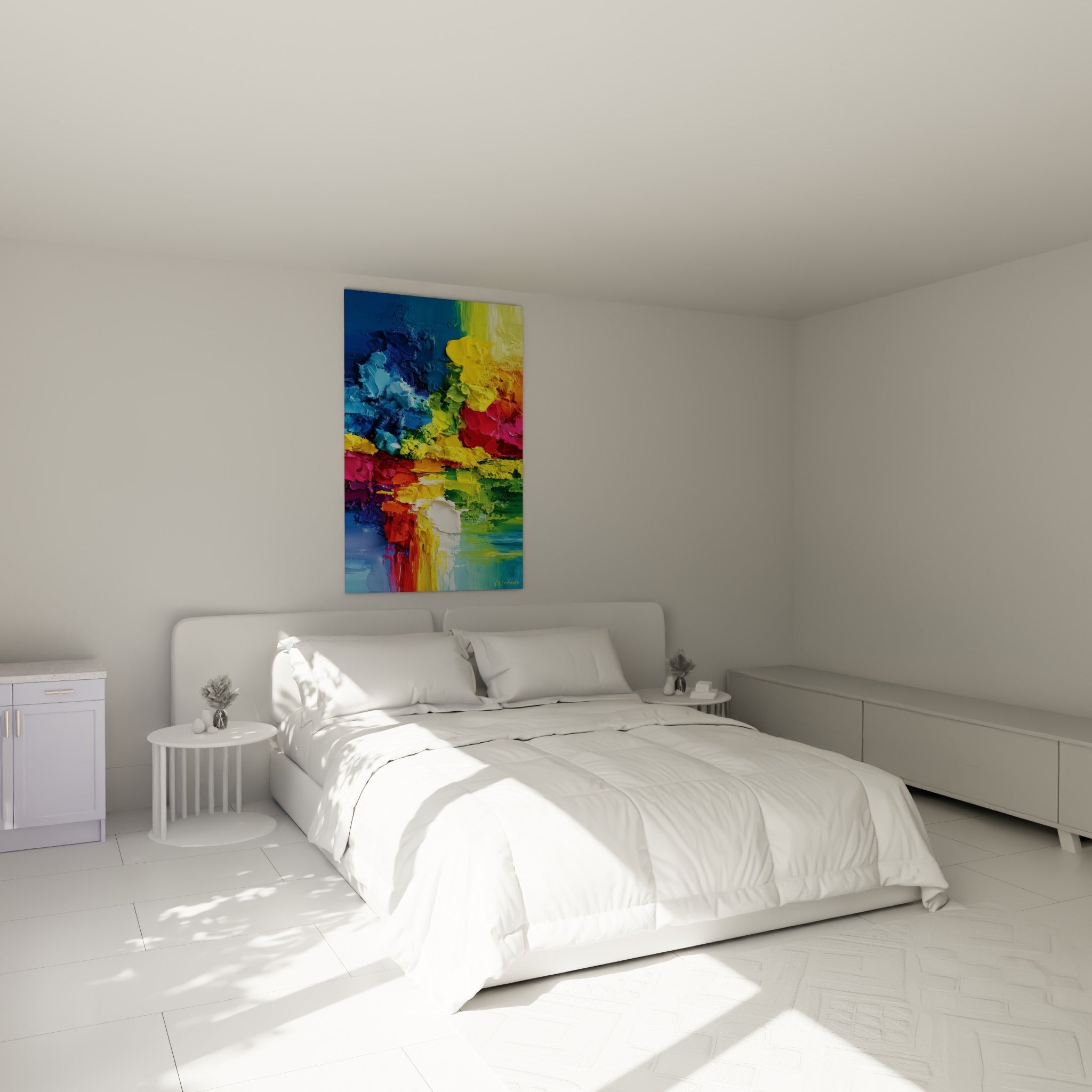 Éclats rose fuchsia et jaune animent ce tableau abstrait au-dessus d'un lit dans une chambre claire