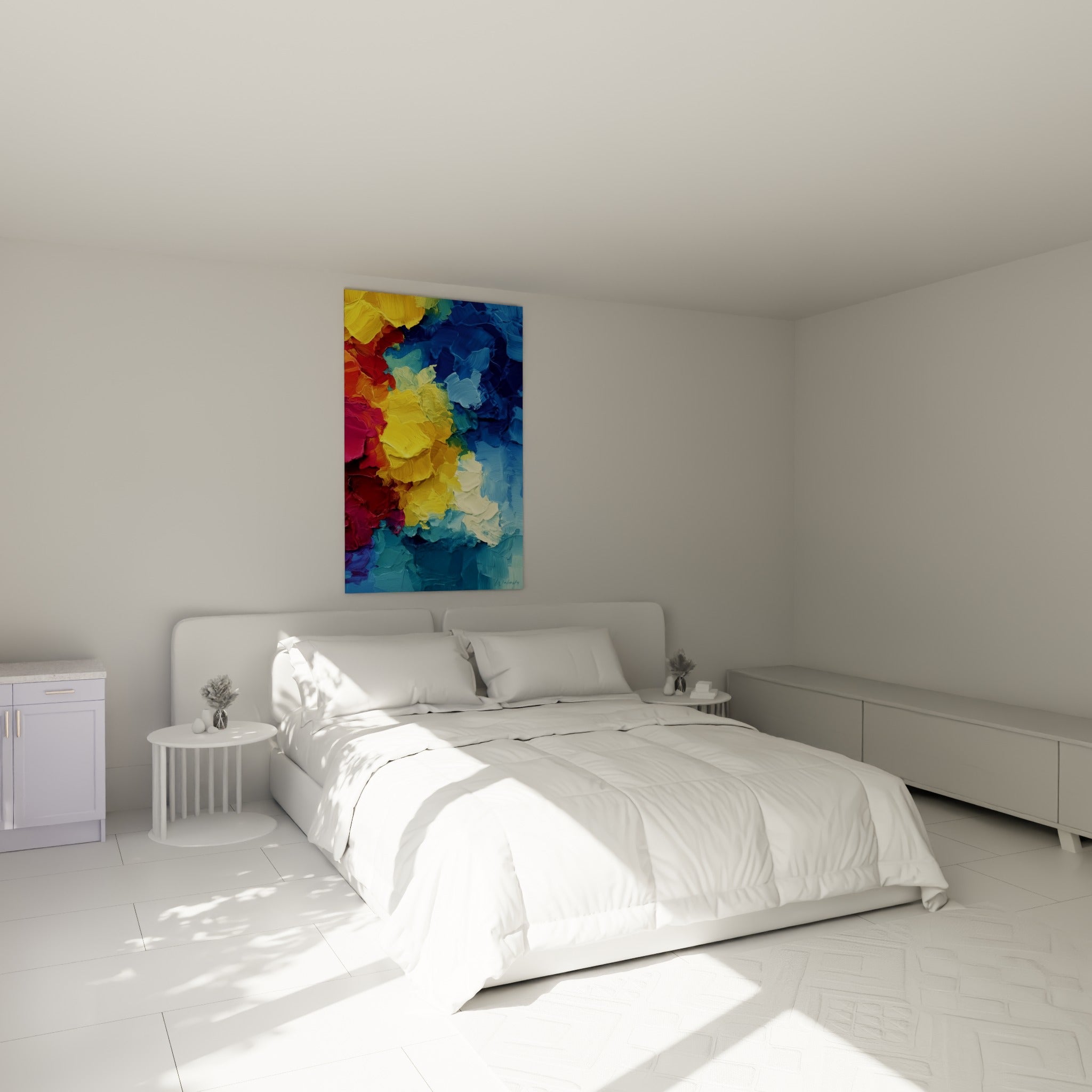 Éclats de rouge carmin et bleu marine, style Peinture abstrait au-dessus d'un lit dans une chambre claire
