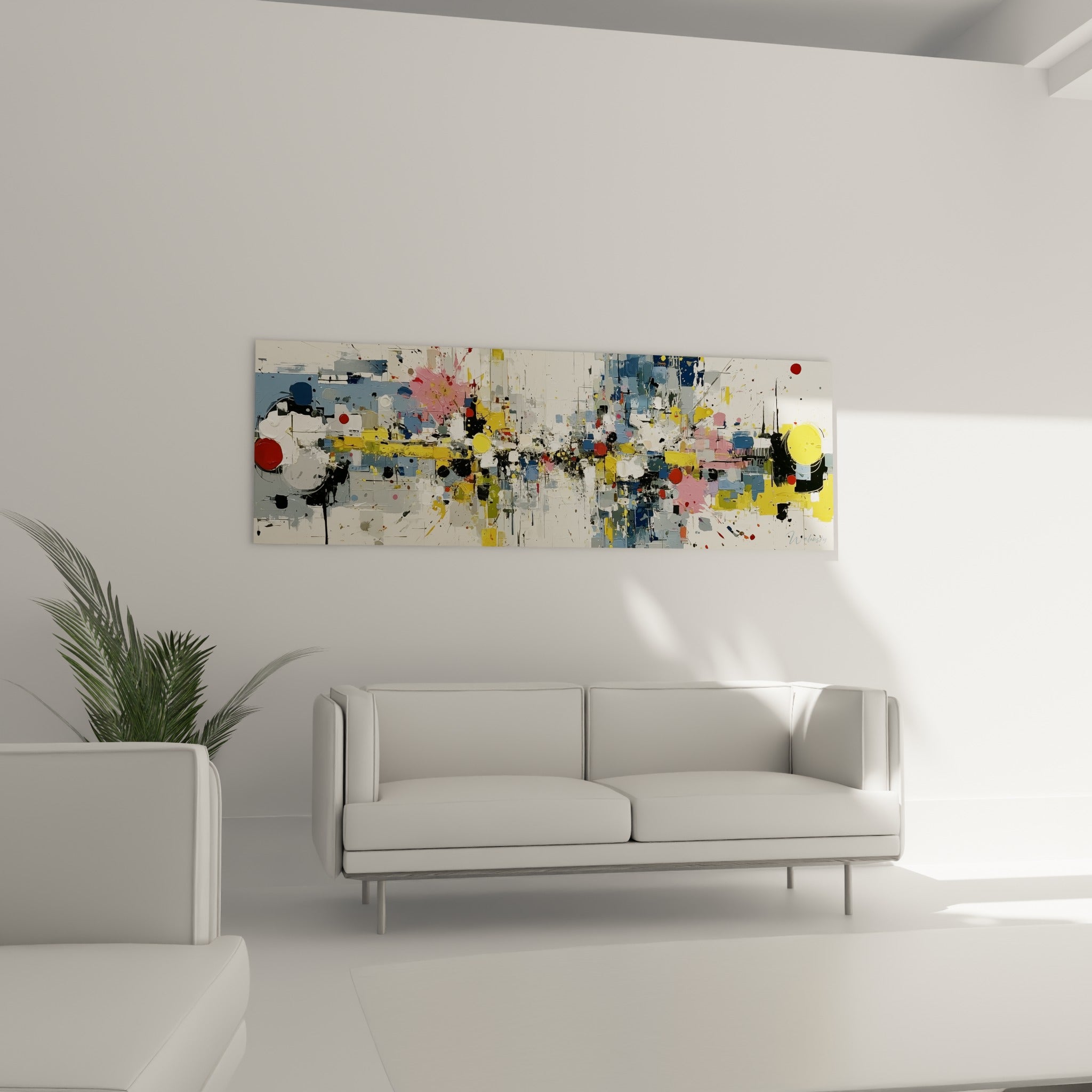 Touches bleu marine et rouges du style Peinture abstrait, suspendues au-dessus d'un canapé dans un salon lumineux