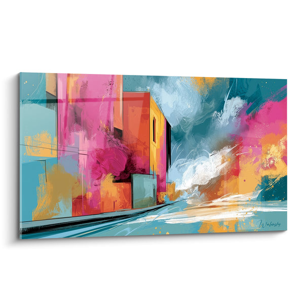 Tableau Ruelle urbaine aux façades roses et bleu canard - Tourbillon citadin - Edition style Peinture abstrait