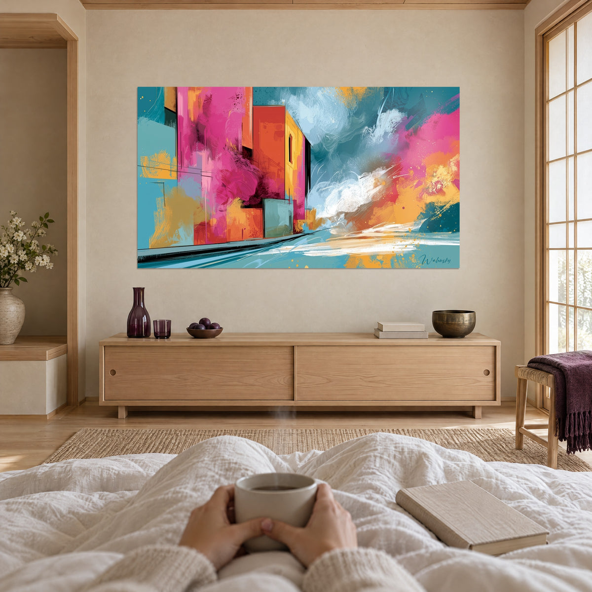 Tableau bâtiments roses et orangés en peinture abstraite, éclaboussures dorées et bleu turquoise, au-dessus d'un lit dans une chambre claire