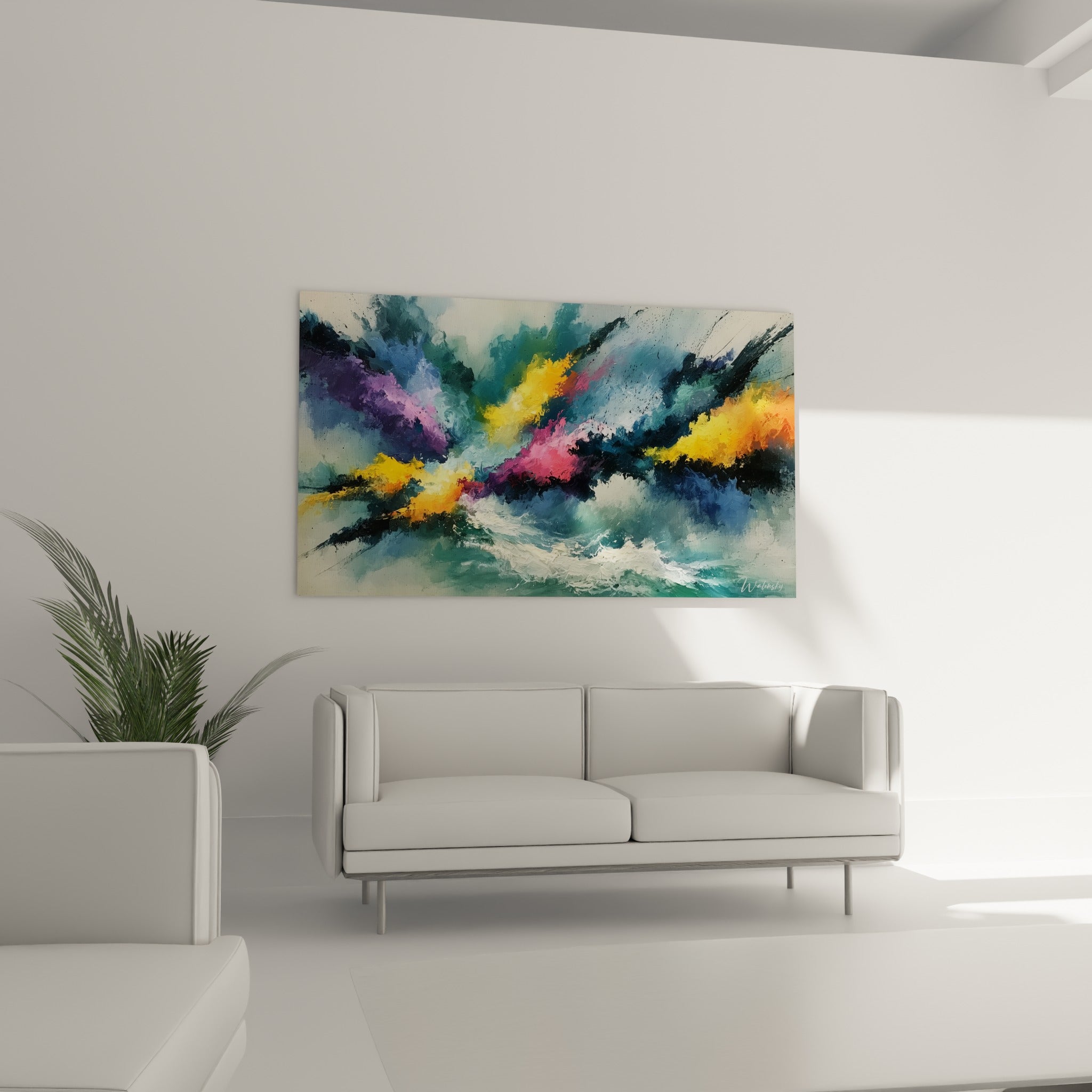 Composition tourbillonnante anthracite et orange vif, installée au-dessus d'un canapé dans un salon lumineux