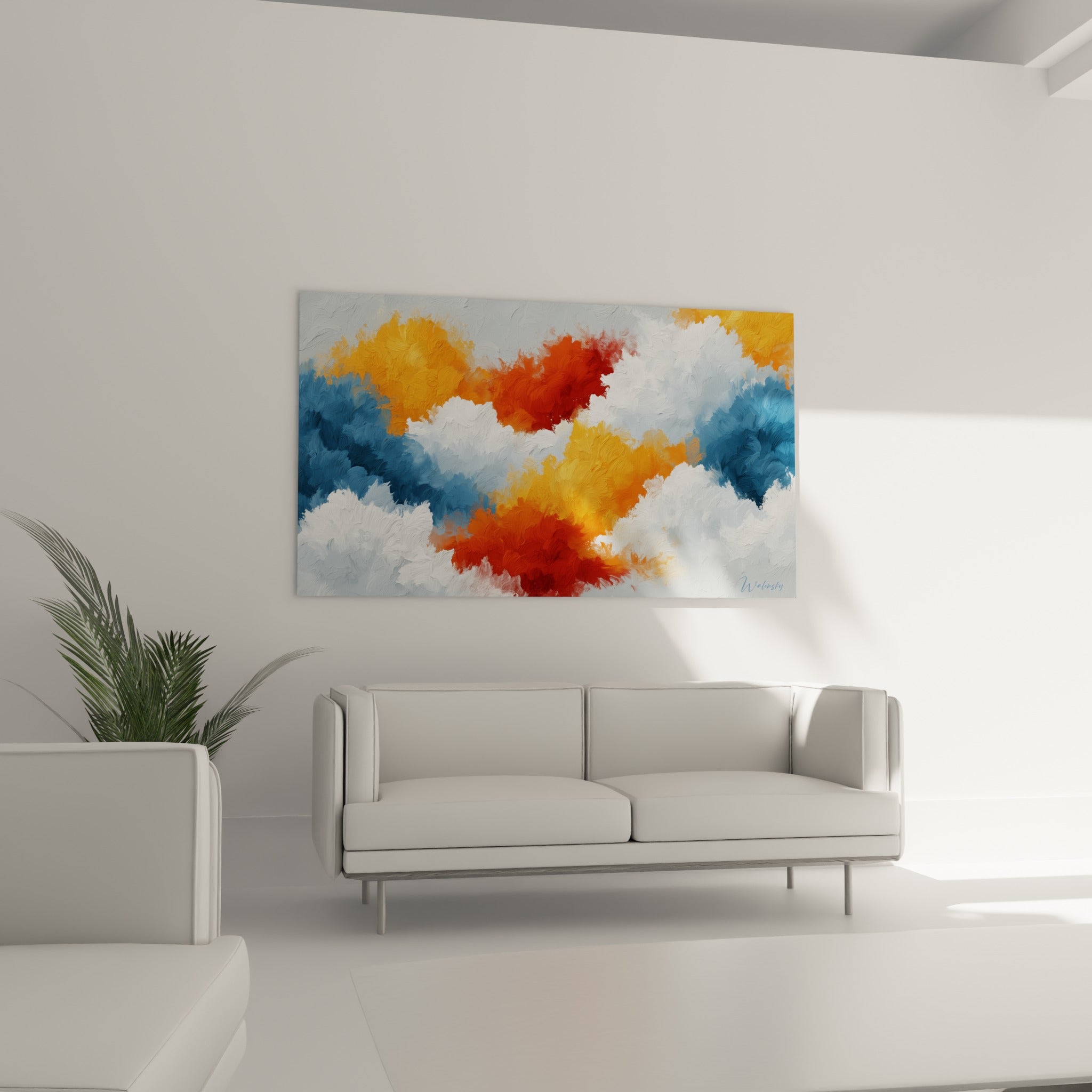 Tourbillon orange et bleu marine texturé, style Peinture abstrait au-dessus d'un canapé dans un salon lumineux