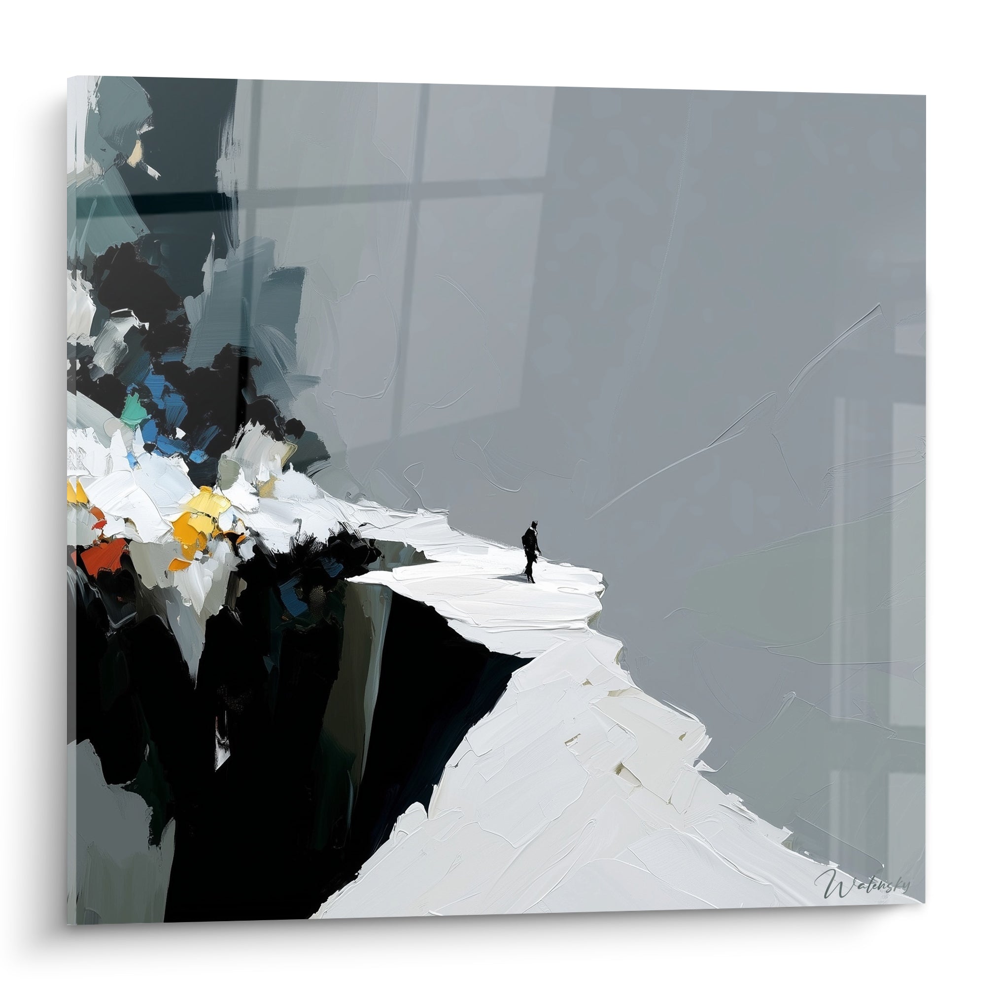 Silhouette noire marchant sur une crête blanche et grise, style Peinture abstrait expressif au couteau