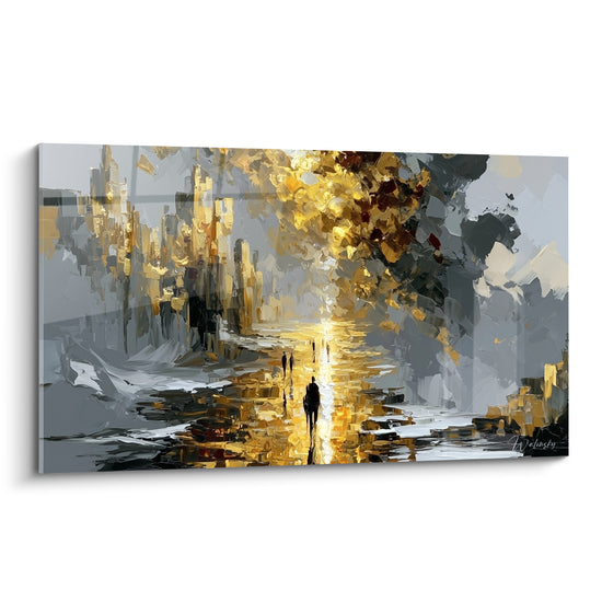 Silhouette avançant sur une avenue dorée entre gris anthracite et reflets lumineux, style peinture abstrait