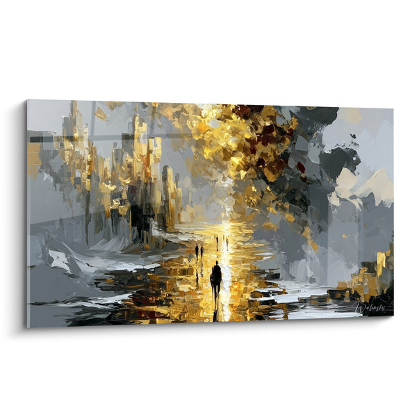 Tableau Silhouette urbaine dorée et grise - Marche vers la lumière - Edition style Peinture abstrait