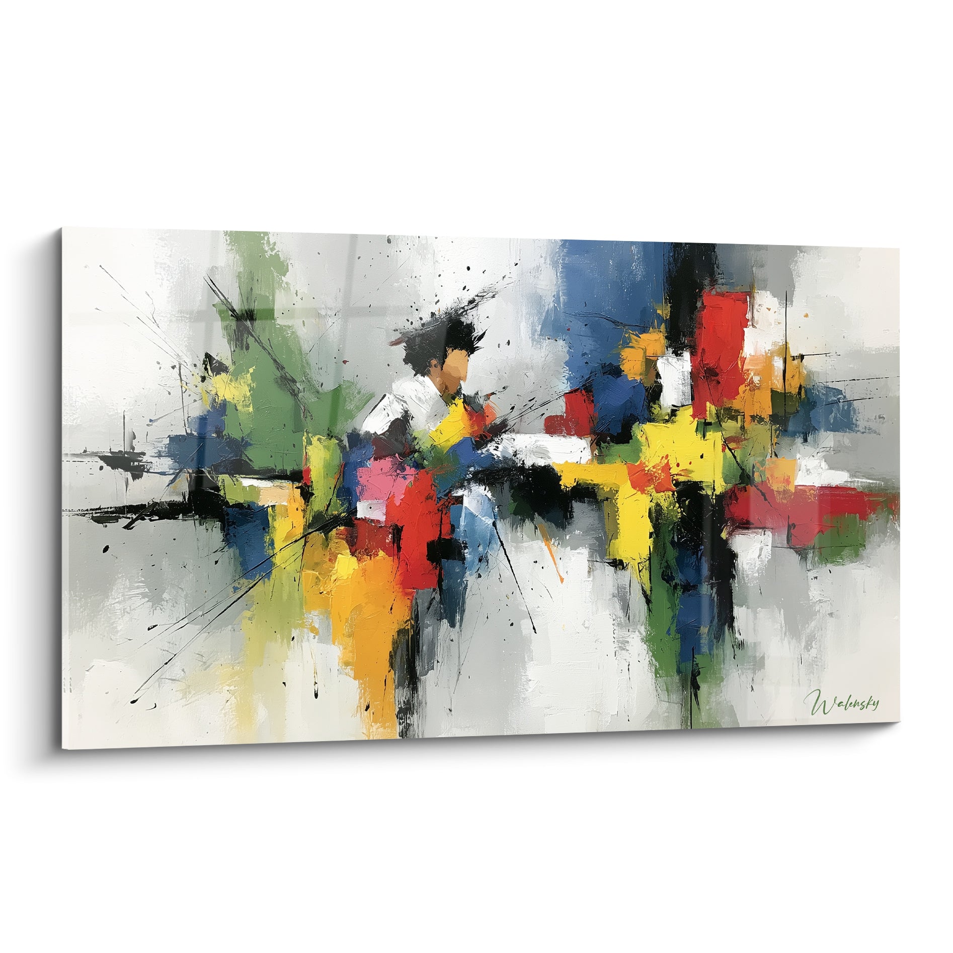 Silhouette jaune, bleu marine et rouge en style Peinture abstrait aux touches gestuelles fragmentées
