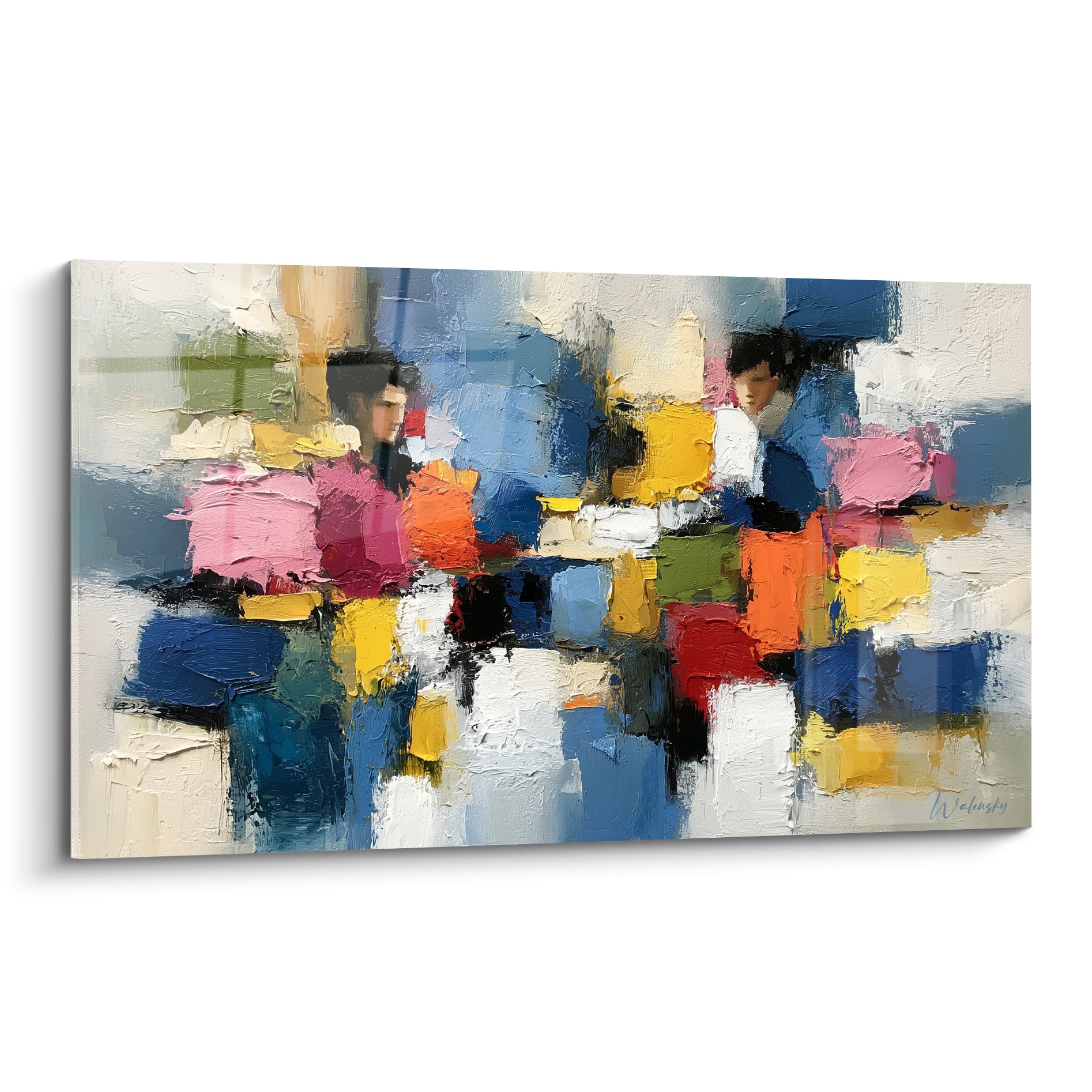 Silhouettes bleu marine et rose fuchsia sur tableau abstrait aux empâtements colorés de style Peinture abstrait
