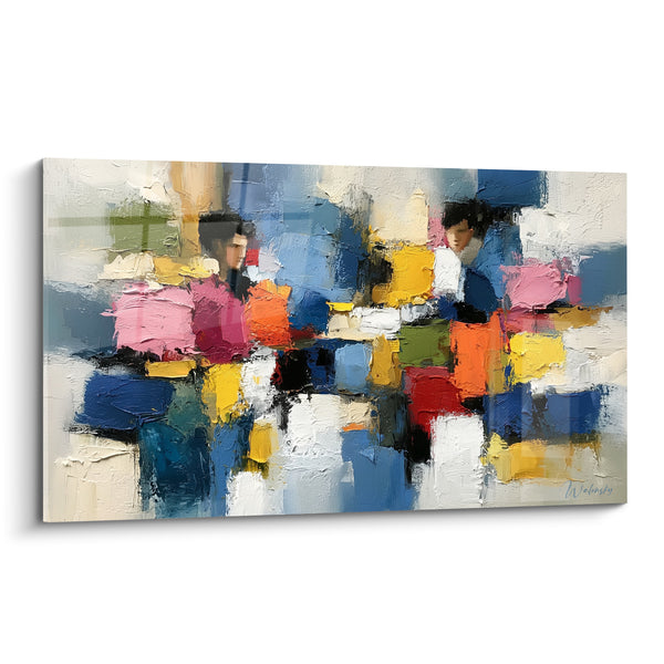 Tableau Silhouettes bleu et rose au marché coloré - Éclat du marché - Edition style Peinture abstrait