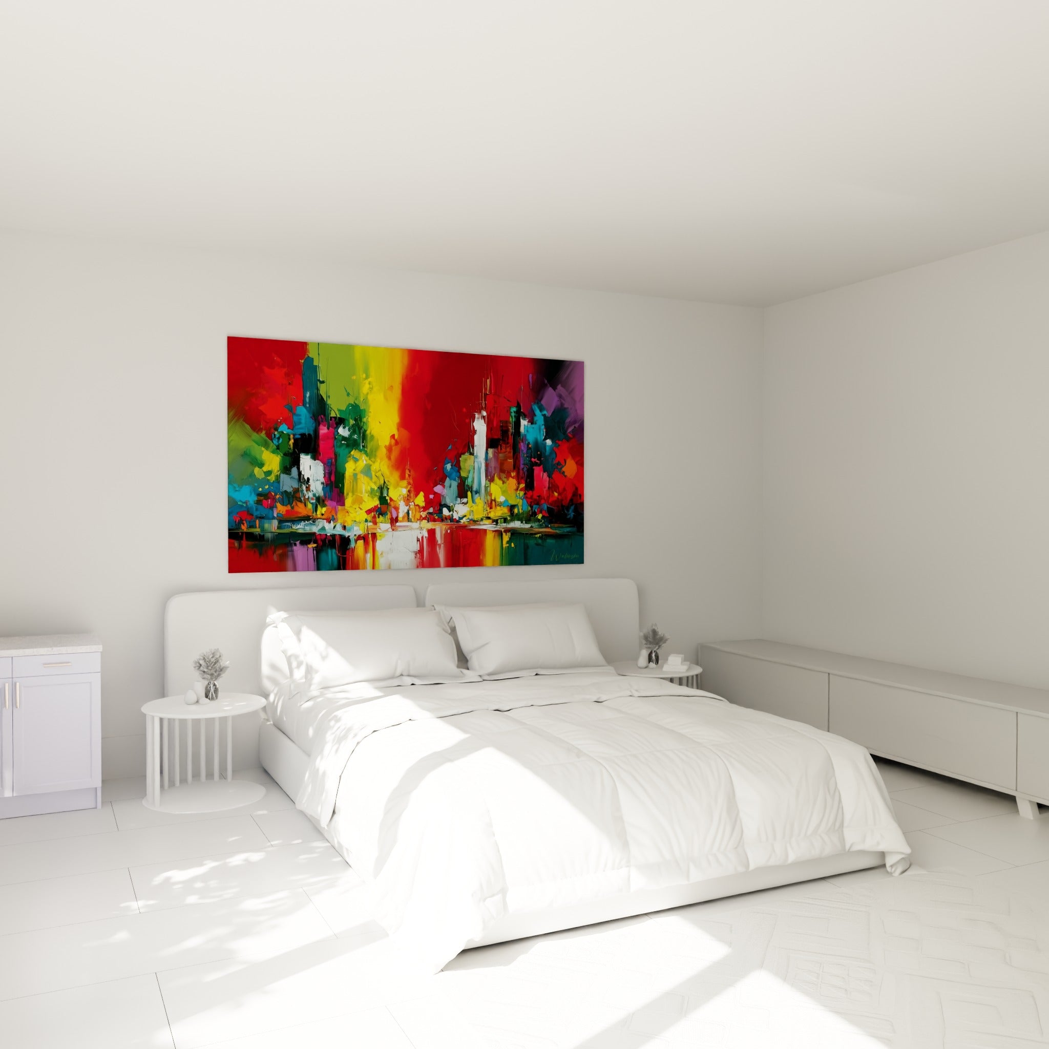Composition urbaine rouge et bleu pétrole au-dessus d'un lit dans une chambre claire, style Peinture abstrait